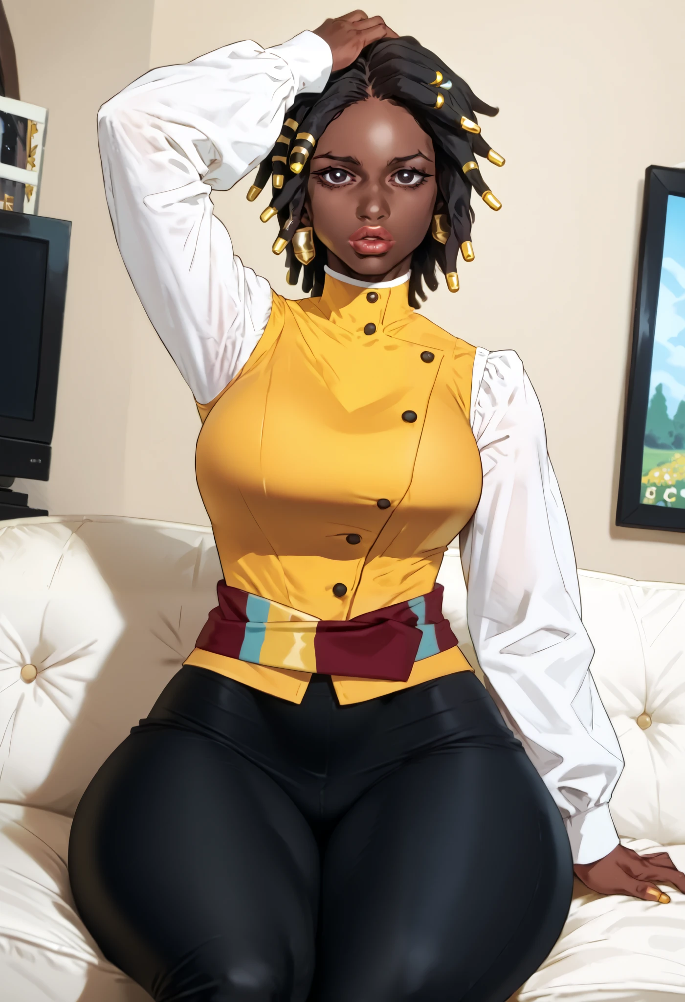 score_9, score_8_up, score_7_up, source_anime, castlevaniaannette, short hair, black hair, dark skin, black eyes, dark-skinned female, very dark skin, dreadlocks,, shirt, long sleeves, white shirt, belt, pants, vest, black pants, yellow vest,, living room, television, couch, popcorn, watching movie, night time, sitting,, bimbo lips, looking at viewer, arm raised above head, solo,, cowboy shot, dutch angle, gigantic boobs, huge thighs, curvy,