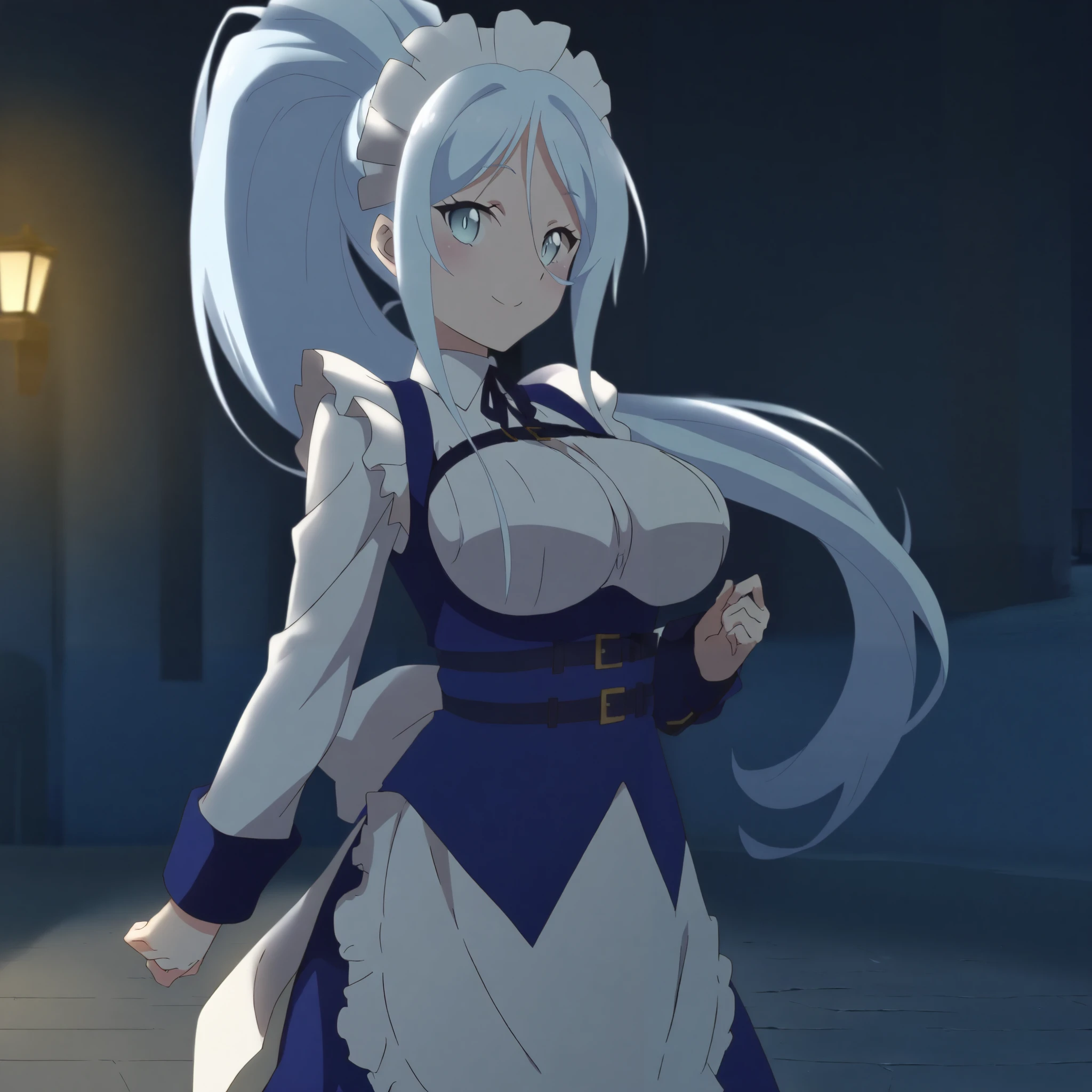 sylpha_langlis, 1girl, solo, maid headdress, long hair, light blue eyes, maid, smile, blue hair, ponytail, apron, long sleeves, light blue hair, large breasts, looking at viewer, cowboy shot, dark alleyway background, night, (masterpiece),(best quality),(ultra-detailed),(best illustration),(best shadow),(absurdres),(detailed background),(very aesthetic),
