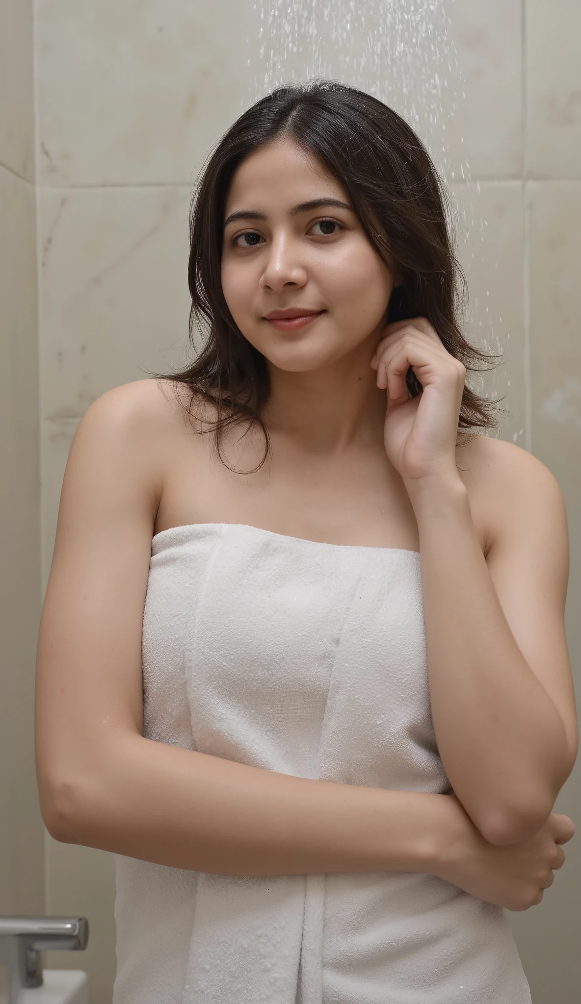 Draw a realistic portrait of a girl , A big-breasted Indonesian woman stands under the hair. creates a shimmer on her skin and moisturizes her long hair. , black hair. her wet hair flows down her shoulders , and her face is gentle and calm , with a slight smile as she looks at viewer , enjoy the refreshing feeling . she is wearing towel, which is slightly attached to her figure as the water , Add touch and realism . The background is bathroom , with softness , The diffused light adds a refreshing vibe . , water spray is scattered around her , And this scene captures the calm and intimate moment as she enjoys the coolness of the shower in a natural and peaceful environment, look at viewer.