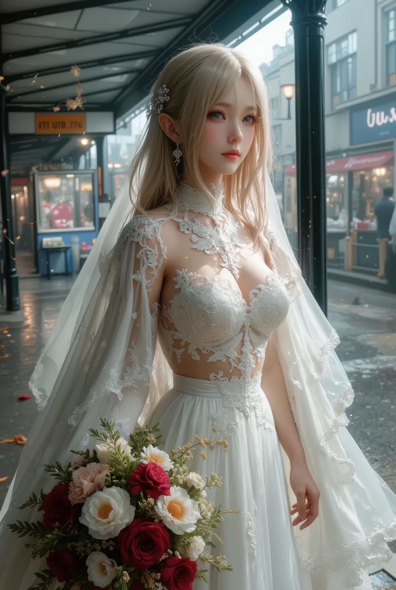 TOP QUALITY , HD, 16k, unbelievably ridiculous , very well detailed, 2.5D, Delicate and Dynamic , Kiri Reina Female , attractive smile , pure white wedding dress , great style , bouquet, steampunk, dieselpunk , clock punk , Cyberpunk, glitter effect, ((It's raining:1.3))、((My uniform gets wet in the rain:1.7))、 Waiting for the Bus at the Bus Stop , ((is reflected in the puddle、the inside of my skirt is reflected in the puddle:1.8)