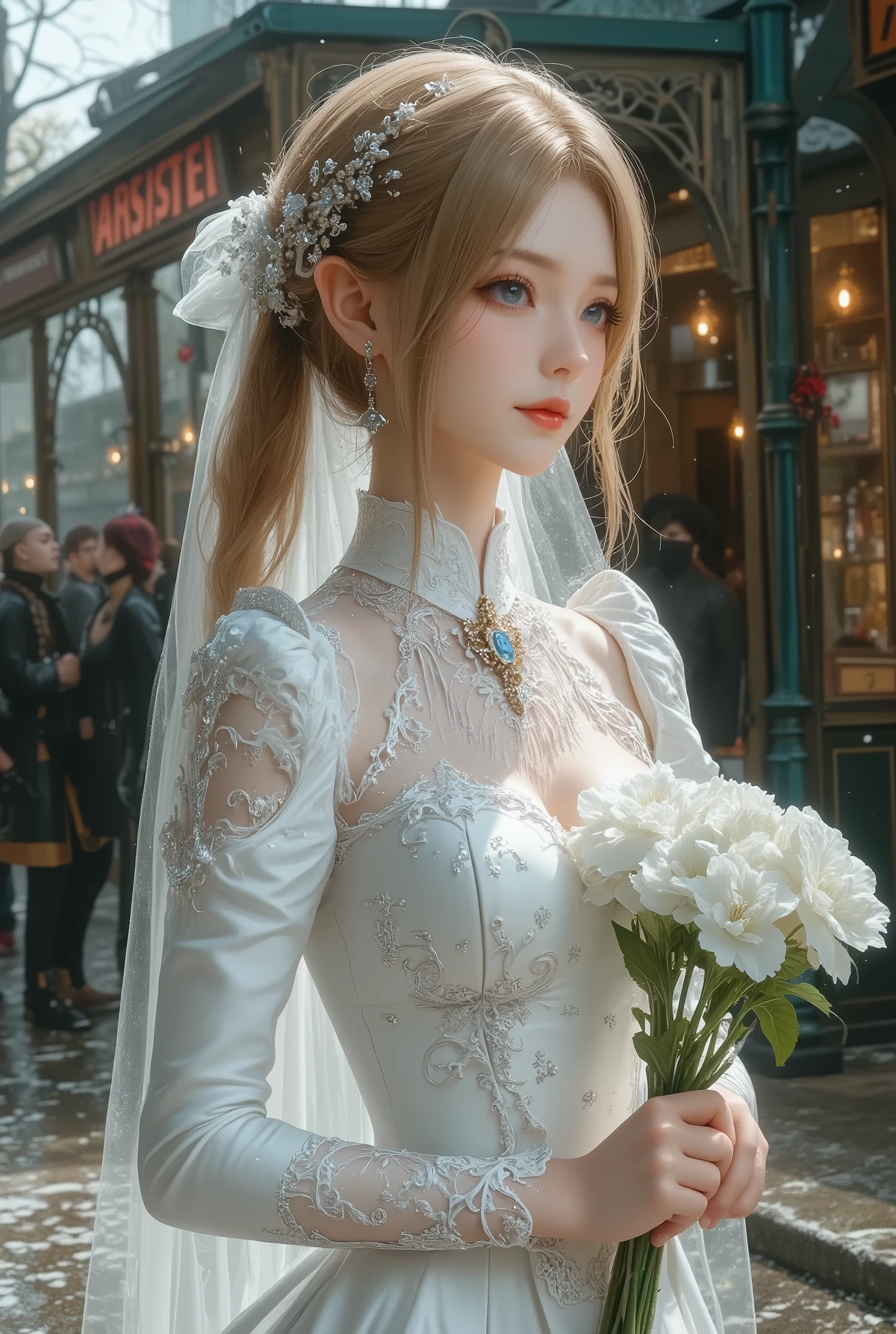 TOP QUALITY , HD, 16k, unbelievably ridiculous , very well detailed, 2.5D, Delicate and Dynamic , Kiri Reina Female , attractive smile , pure white wedding dress , great style , bouquet, steampunk, dieselpunk , clock punk , Cyberpunk, glitter effect, ((It's raining:1.3))、((My uniform gets wet in the rain:1.7))、 Waiting for the Bus at the Bus Stop , ((is reflected in the puddle、the inside of my skirt is reflected in the puddle:1.8)