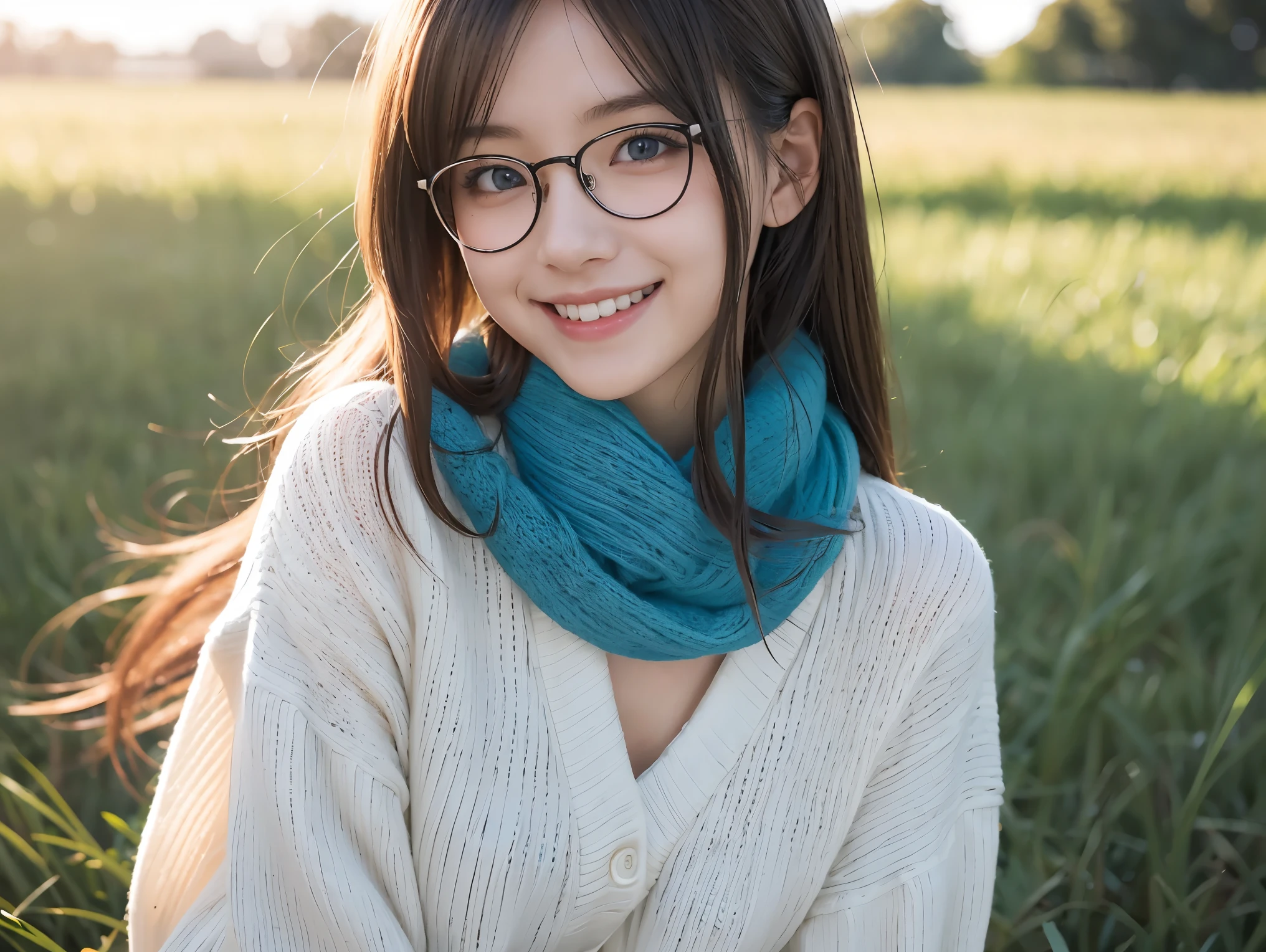 A young anime girl with bright blue eyes and a playful, mischievous smile sits in a grassy field, viewed from a high-angle perspective. She wears oversized round glasses and a loose, cozy knit sweater. A blue scarf is wrapped around her neck, gently fluttering in the breeze. Her light brown hair is tousled by the wind, adding a sense of movement to the scene. The sunlight casts a warm glow on her face, highlighting her cheerful expression. The lush green grass surrounds her, creating a soft and natural background. The art style is detailed and vibrant, inspired by high-quality anime illustrations."