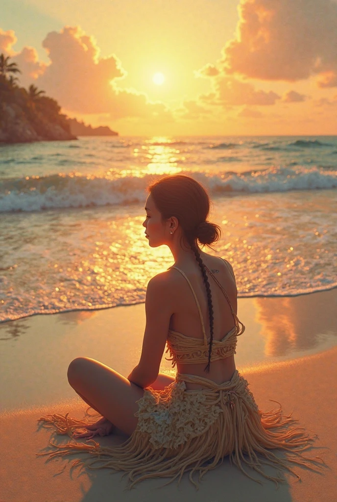 realistic and detailed image of the silhouette of a beautiful woman sitting on the sand of the beach, watching the sunset