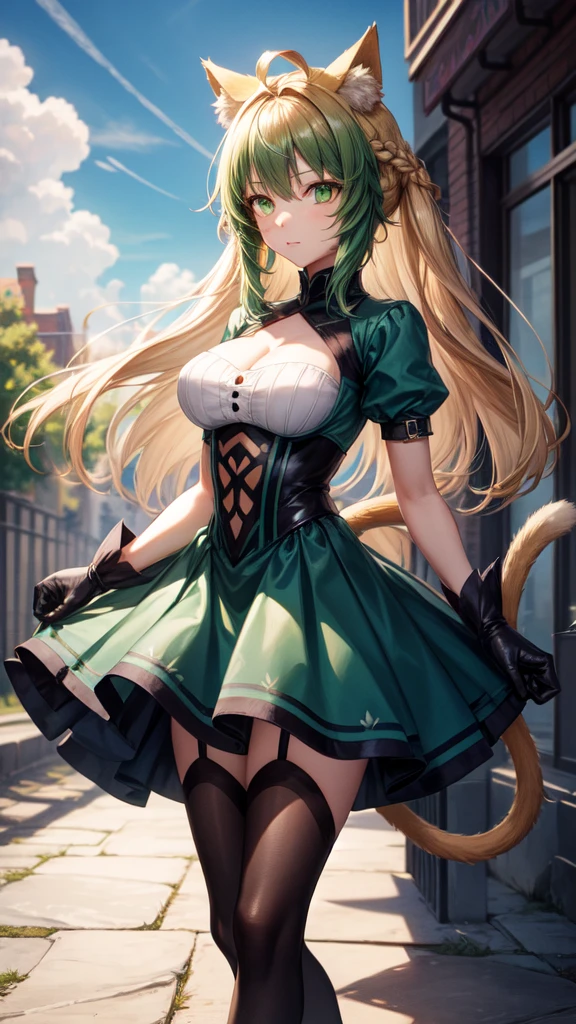 1girl, solo, long hair, golden hair, twintail, tousled twintail, green dress, huge breasts, cleavage, brown eyes, white stockings, black high heels, smile, looking at the viewer, full body, hairclip, hair covering left eye, full body, brown algae in the hand