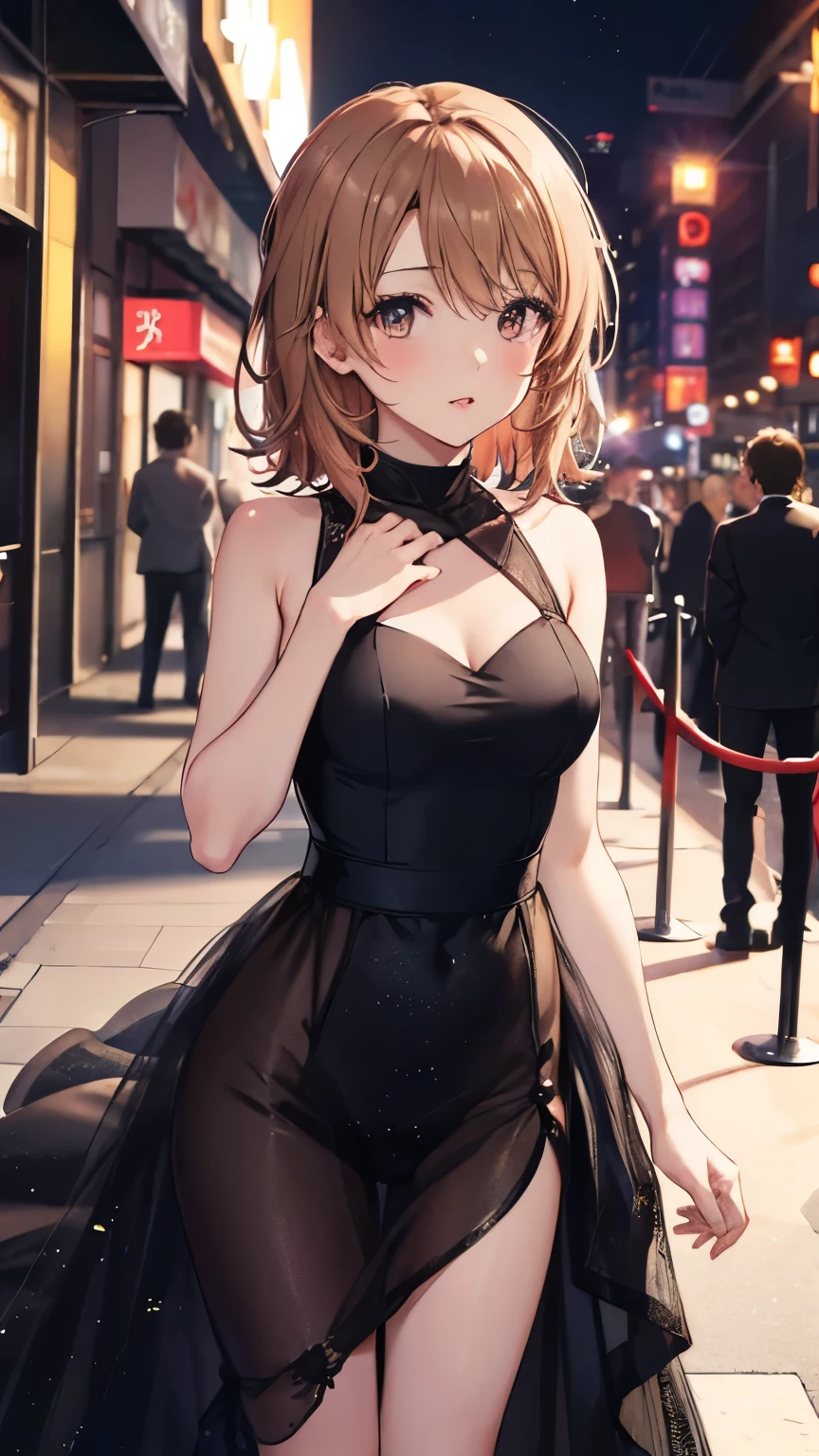 1girl, solo, masterpiece, best quality, high res, highly detailed, illustration, game cg, beatiful detailed eyes, yuigahama yui, single hair bun, glossy lips, light makeup, blush, slight smile, medium breasts, city street, short dress, prom dress, night, neon lights, red carpet, crowd