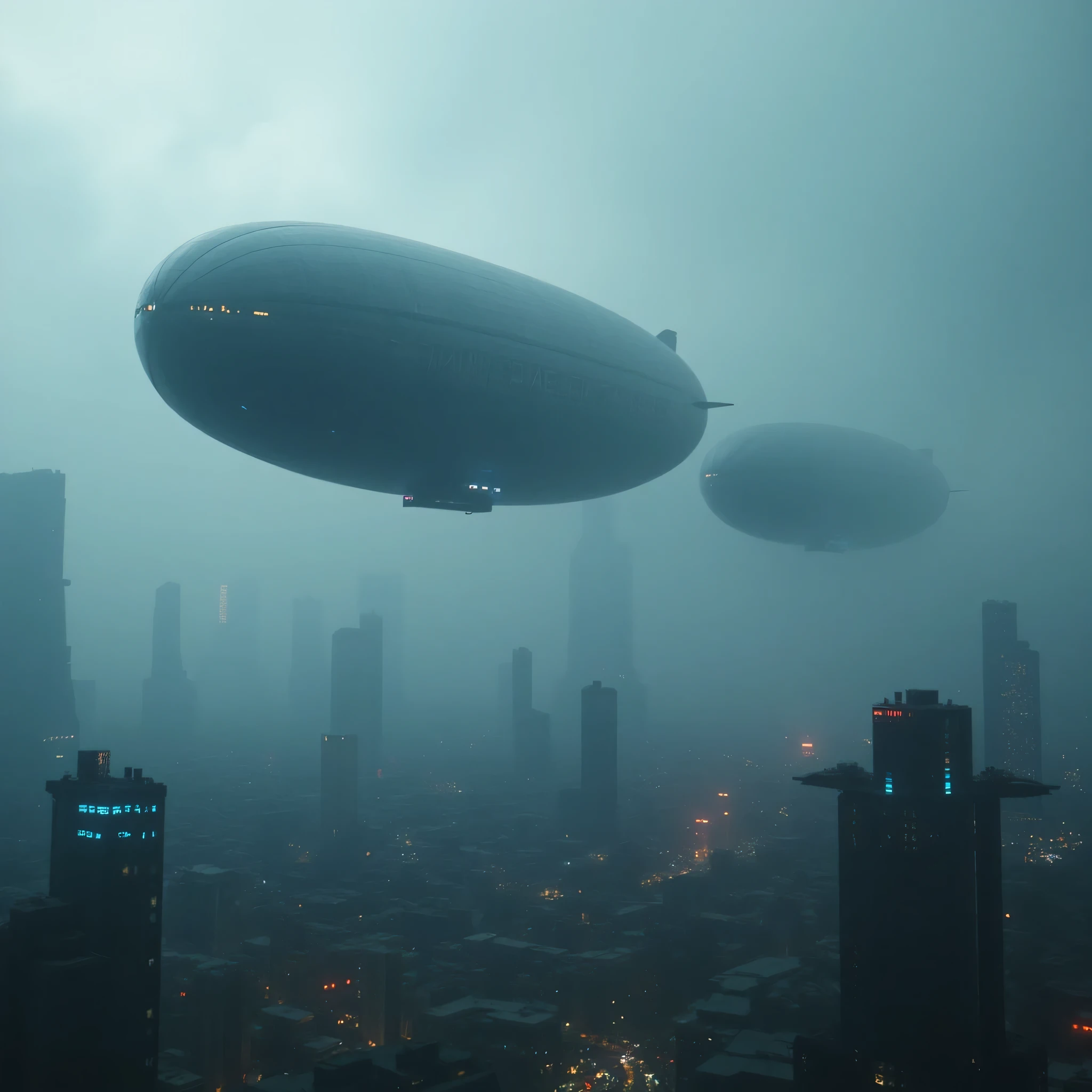 A futuristic cyberpunk scene featuring massive zeppelins drifting ominously through a misty sky. Their large, cylindrical shapes are outlined by flickering red and blue lights, and they slowly cruise over a neon-lit metropolis below. The zeppelins cast their massive shadows across the city, adding a layer of tension and dominance to the scene. The sky is filled with a hazy cloud cover, enhancing the mysterious and powerful atmosphere of the moment