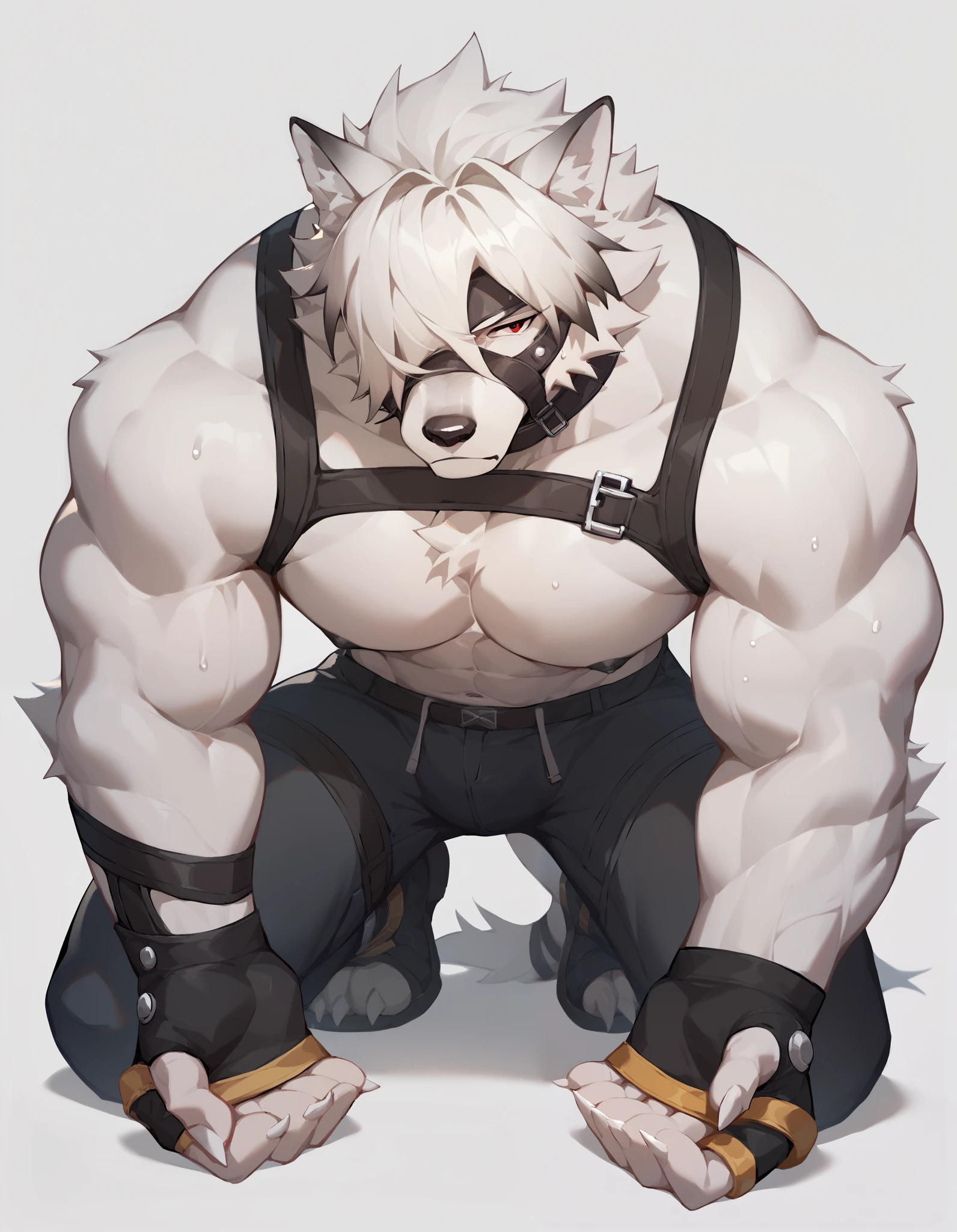 Score_9, Score_8_up, Score_7_up, alone, is from Wolfdog, Werewolf,white fur, Muscular, red eyes,, Eye mask, One eye covered, pants, Wristband, The best band , Full Body Portrait,gym background,Sweat, Fingernails ,Wolf Paw, fingerless gloves ,Thin,Lie down,Supine,Muscular身体, to bare your upper body,black nipples,Hanging hands,Separated hands, caresses the chest, Tail, Chest Focus,Chest muscles, male focus ,Exposed chest and abdomen,Japanese Anime, thick thighs