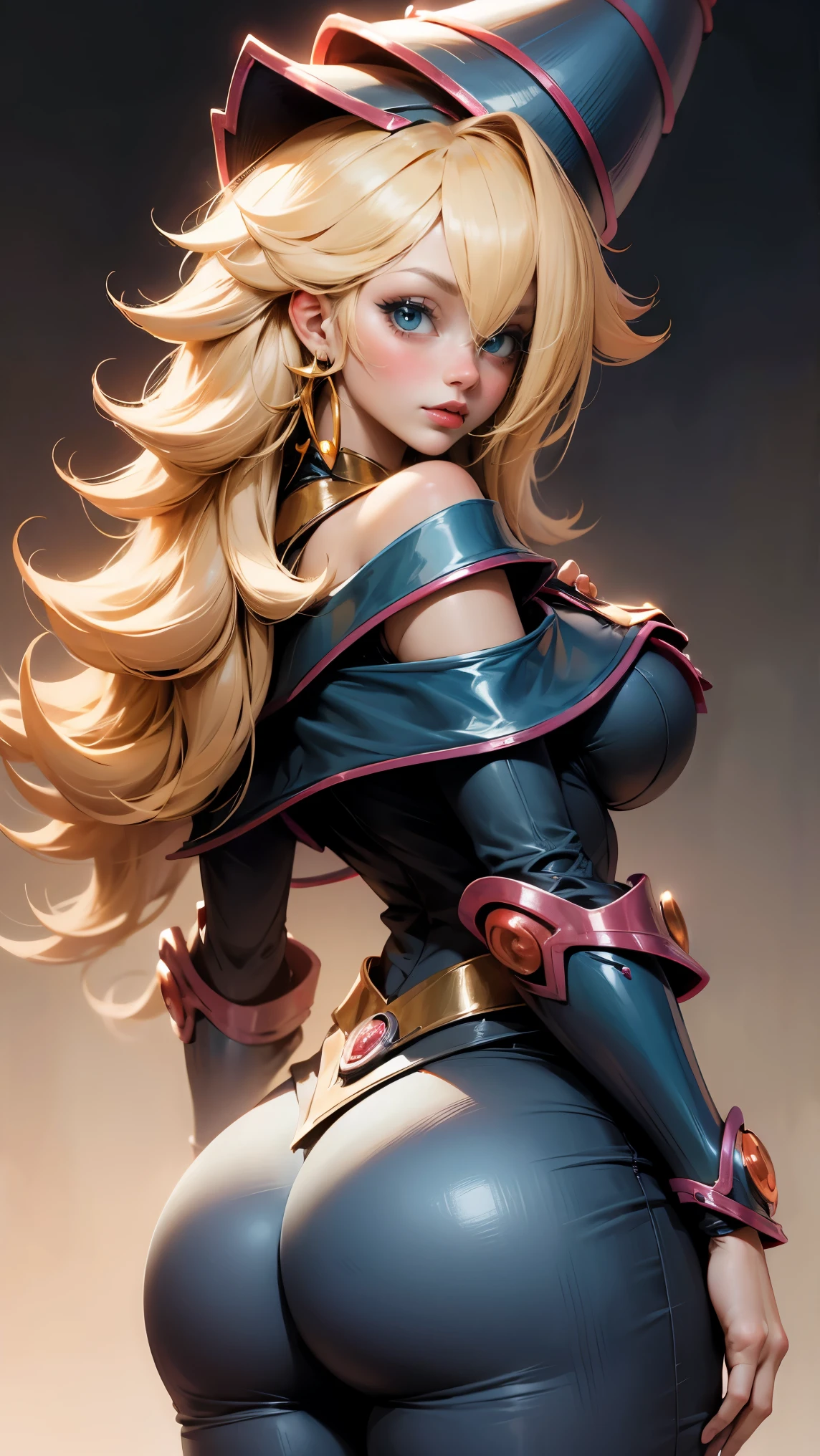 beautiful dark magician gils . long castaño hair. Cabello rizado. Rizos. . Cefe eyes. Red lips. Large, thick eyelashes . smiles. blush on cheek. visible breasts, from the back and looking back.
