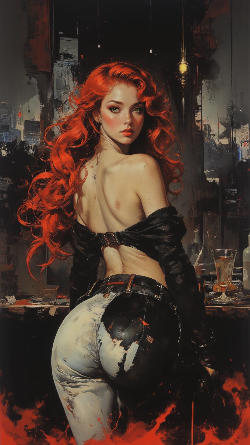 The sexy and dark art of seduction , elegant, long orange hair, bra, (art inspired in Bill Sienkiewicz). oil painting) (best quality,4k,8k,highres,masterpiece:1.2),ultra-detailed,(realistic,photorealistic,photo-realistic:1.37),intricate details,vivid colors,sharp focus,professional,Dave McKean artwork, oil touch of surrealism,oil painting style