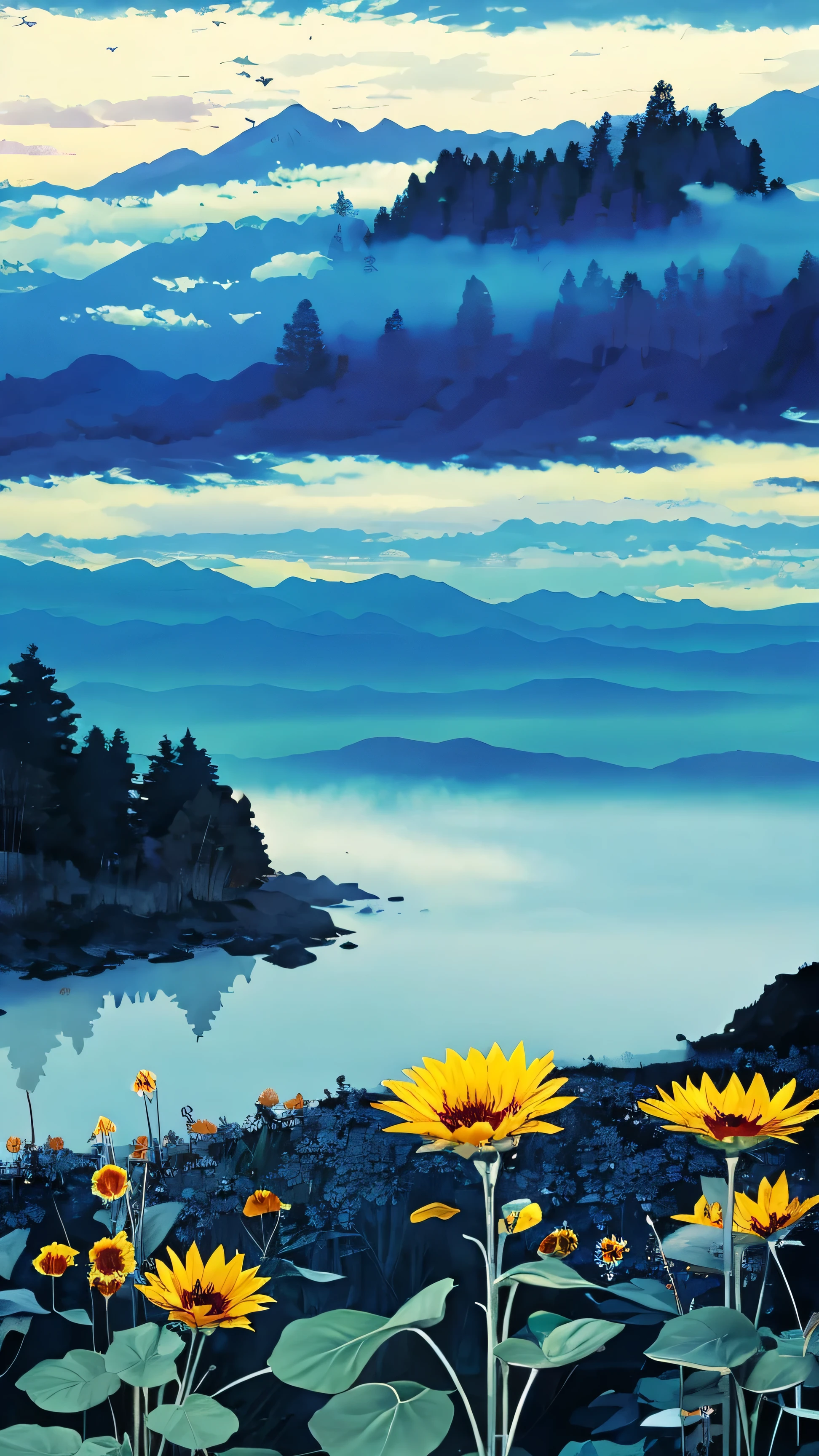 sunflower 、blue sky、summer、Mountain々, tree々, [branch, solo, mist, landscape,