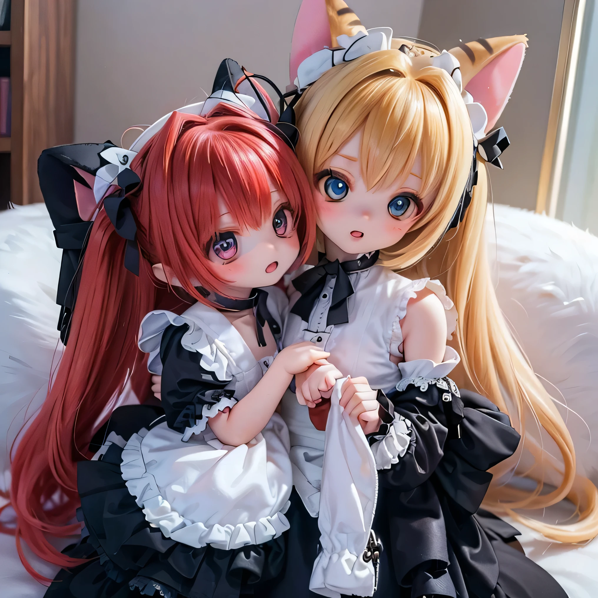 ,blond,blue eyes,red bow tie,red ribbon,White,maid outfit,cat ears,collar