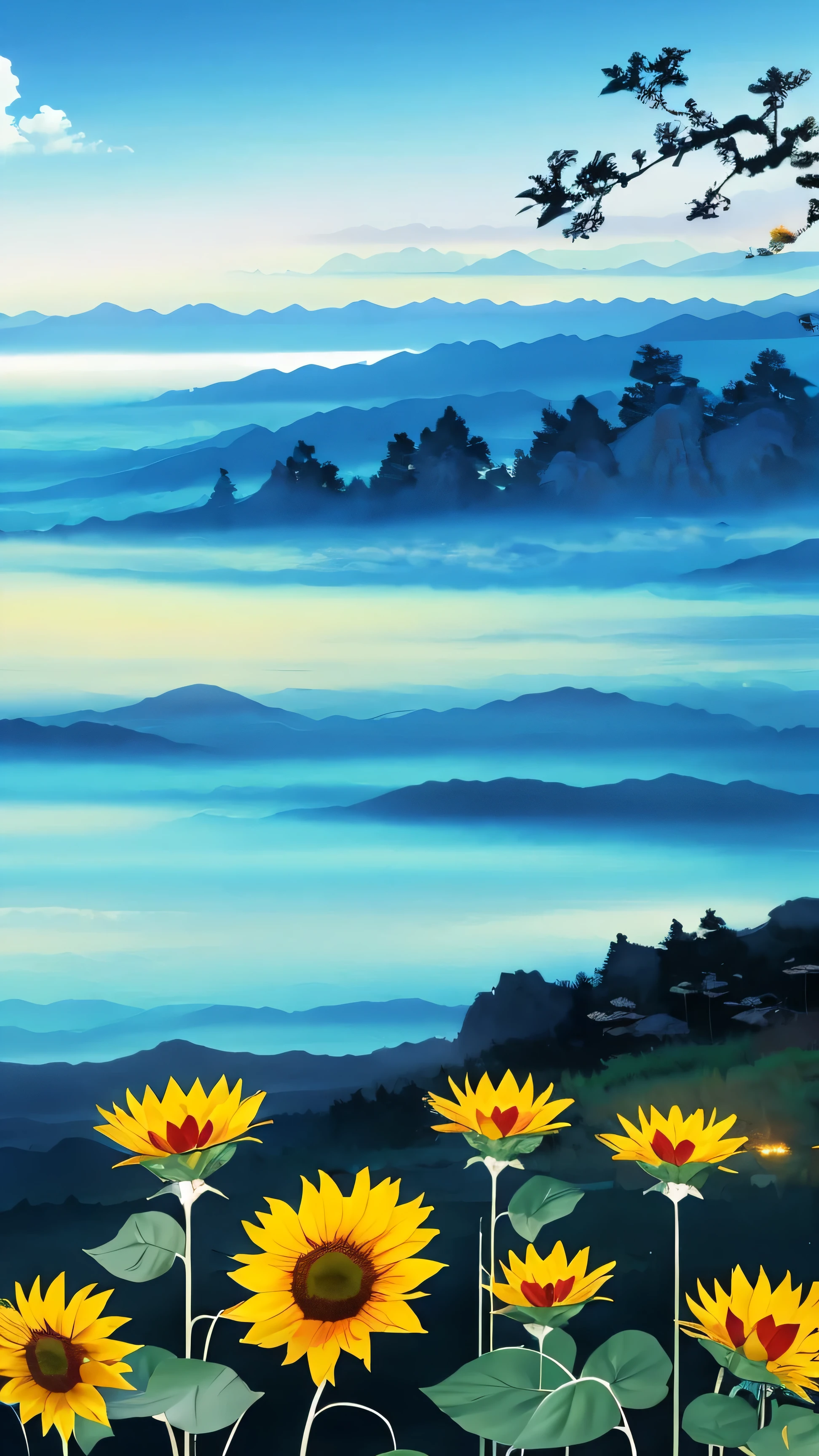 sunflower 、blue sky、summer、Mountain々, tree々, [branch, solo, mist, landscape,