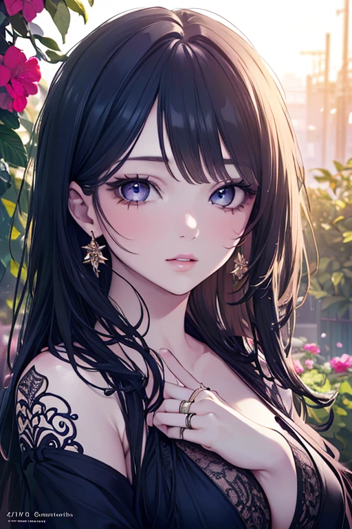 
Heart-shaped tattoo on cheek, heart-shaped choker, cute love fairy in a lovely and beautiful flower field