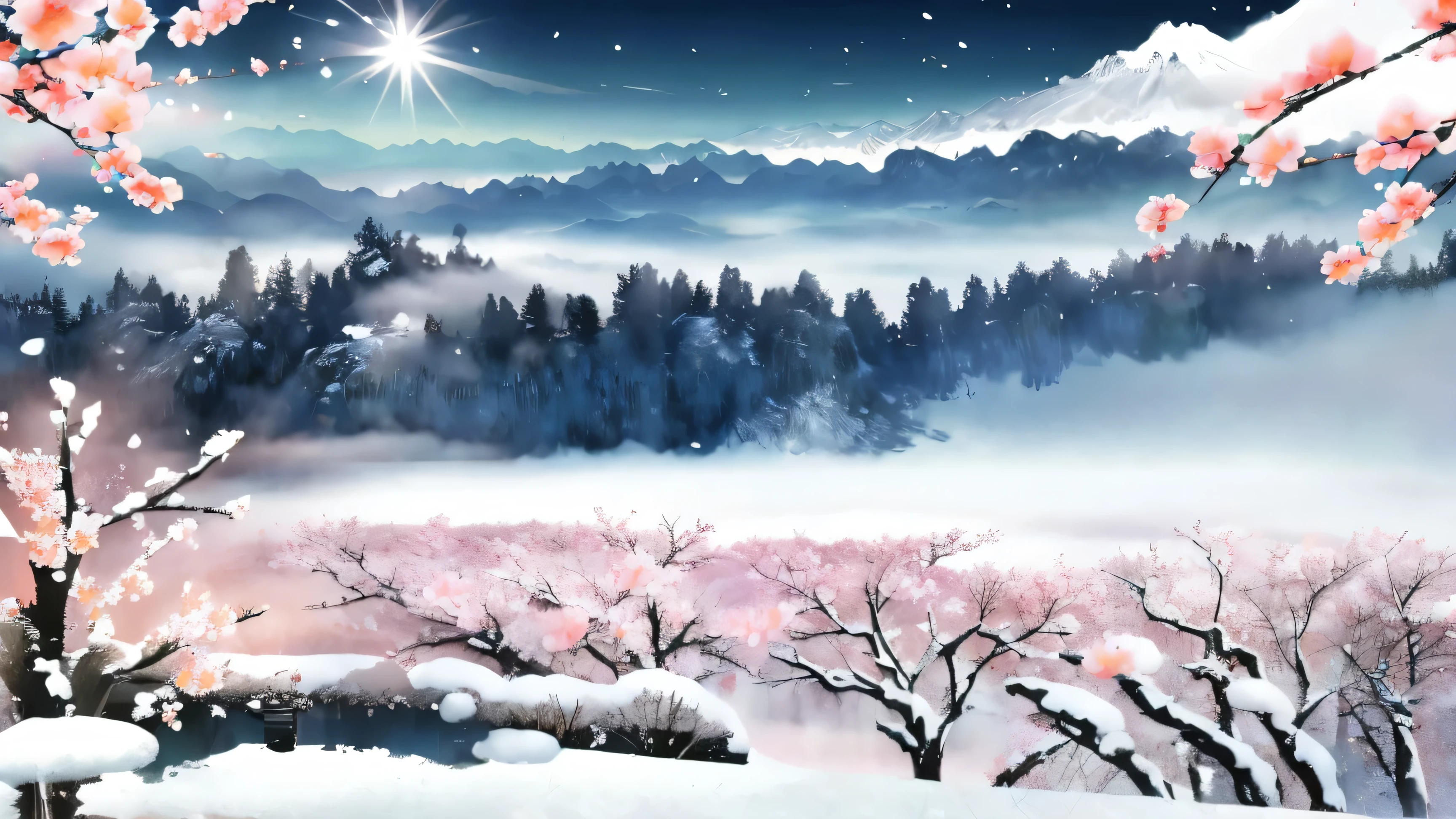 flower, snow, Mountain々, tree々, [branch, solo, cherry blossoms, mist, landscape,