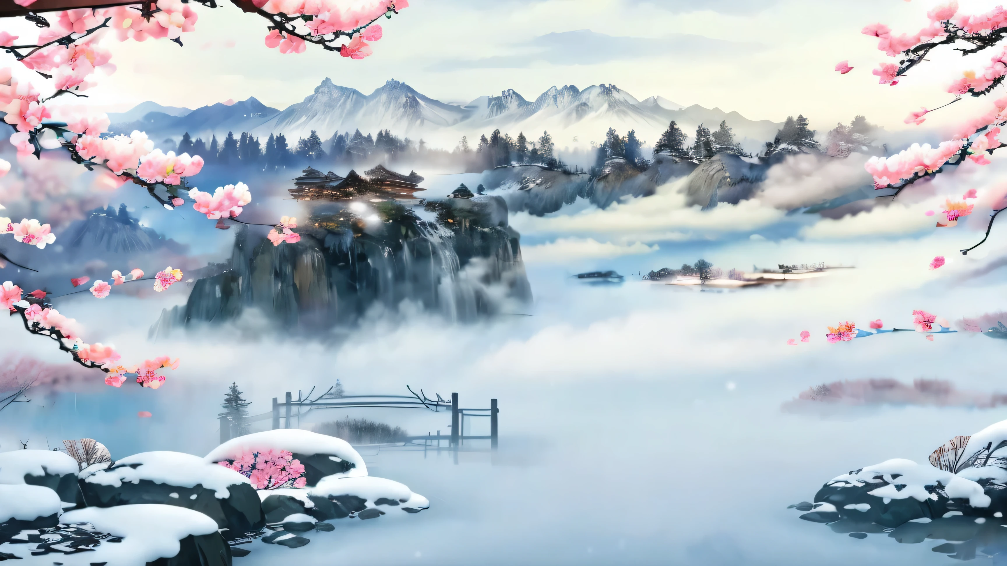 flower, snow, Mountain々, tree々, [branch, solo, cherry blossoms, mist, landscape,