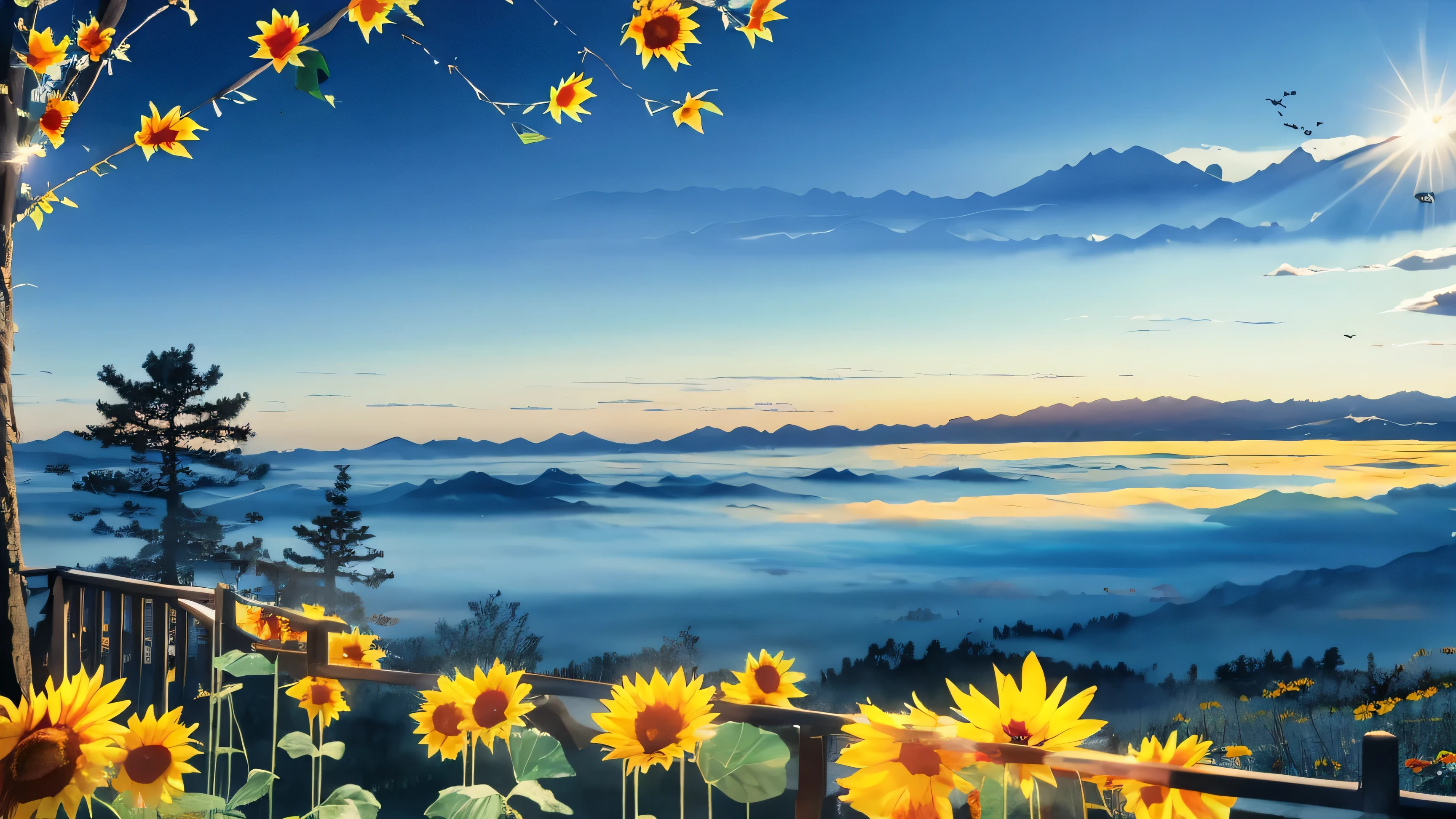 sunflower 、blue sky、summer、Mountain々, tree々, [branch, solo, mist, landscape,