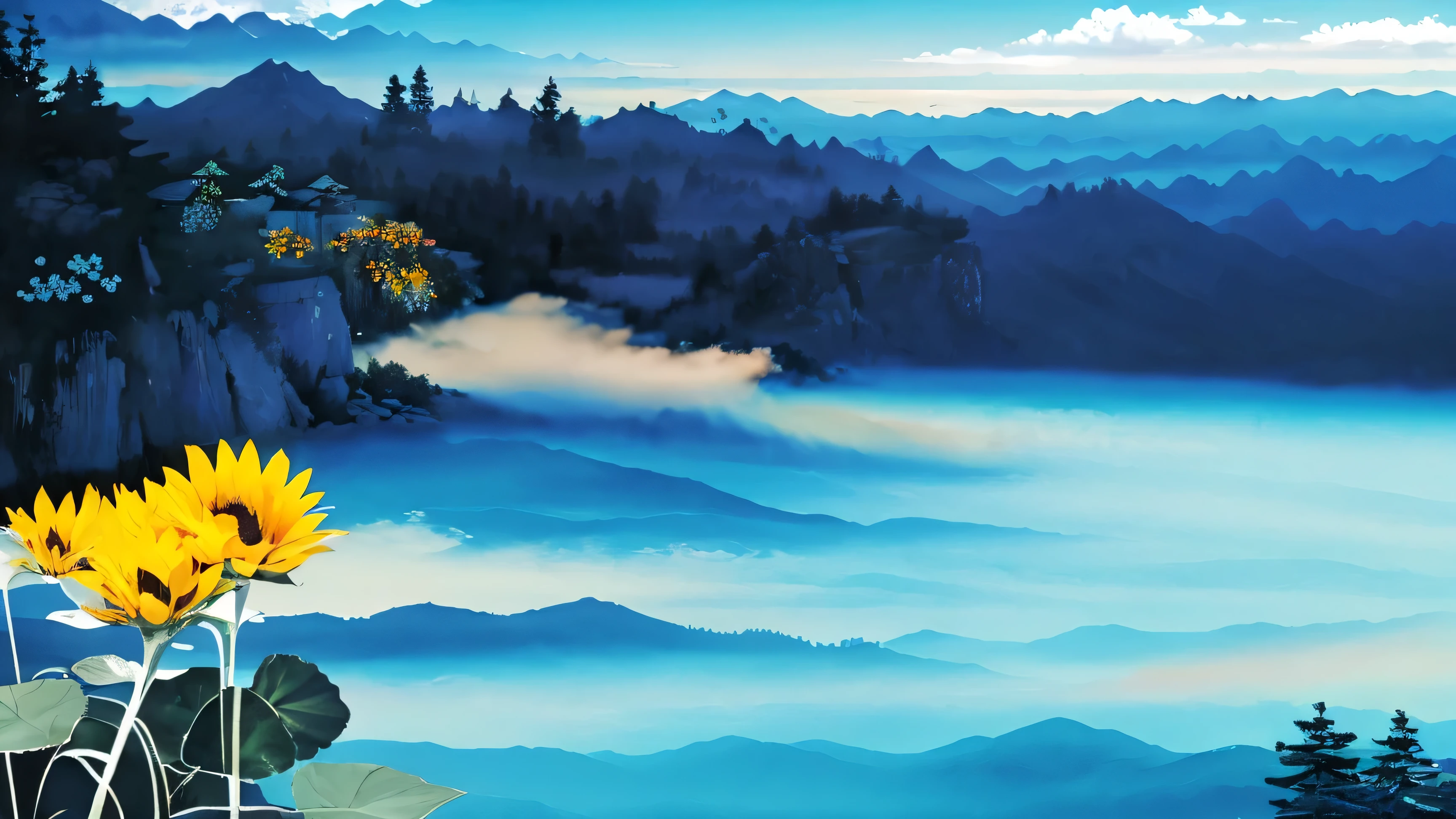sunflower 、blue sky、summer、Mountain々, tree々, [branch, solo, mist, landscape,