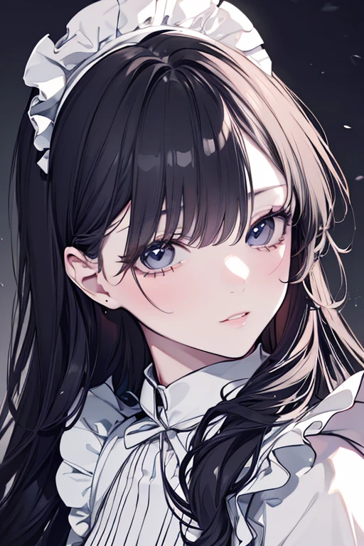 masutepiece, Highest Quality, (Perfect face:1.1), (high detailing:1.1), (ultradetailed eyes), Dramatic, superfine illustration, Extremely detailed, 1girl in, (pale skin), Soft expression, Hair on long black background, Ethereal eyes, (light eyebrow), {((Happy))}, Solo, Long hair, Pouty lips,Cinematic lighting, Looking at Viewer, Cowboy Shot, Gothic lolita, frilld, bow ribbon,Head dress, Black,Room,Black Room