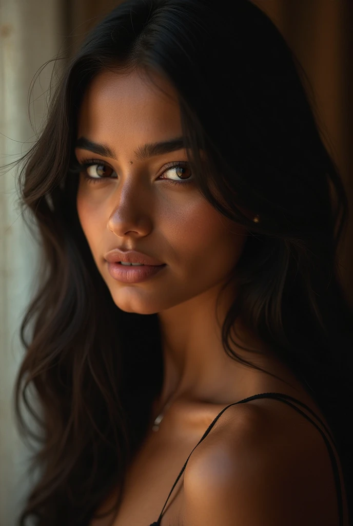 There women is ma young beautiful Indian women face future Coffee Shops looking into the camera portrait caused raw photo Short Dress Makeup and Beautiful Indian Hot Girl Age 25 