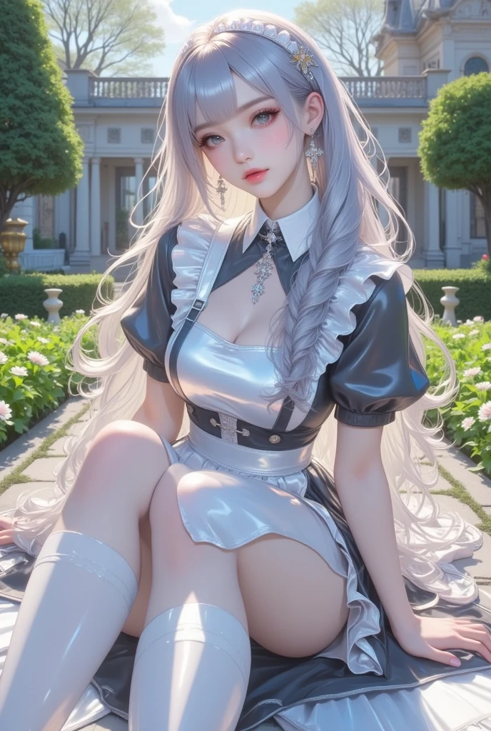 girl in a garden, beautiful detailed eyes, beautiful detailed lips, extremely detailed eyes and face, long eyelashes, white blouse with long sleeves and high collar, white cloak over the shoulders, intricate silver earrings and necklace, pointed ears, (black miniskirt), (white gloves), thigh-high white high-heel boots, long platinum-white hair tied in a ponytail, long hair strand framing the face, detailed silver eyes, sitting on a white marble bench under a tree, surrounded by white and blue flowers, in the courtyard of a medieval fantasy castle, hyper-realistic full figure, perfect body (wide hips) (thick thighs), photorealistic, realistically shaded perfect body, (large breasts), seductive anime girl, photorealistic render of anime girl, high quality 8k detailed art, oppai, realistic 3d anime, voluptuous body, 3d anime girl, highly detailed anime