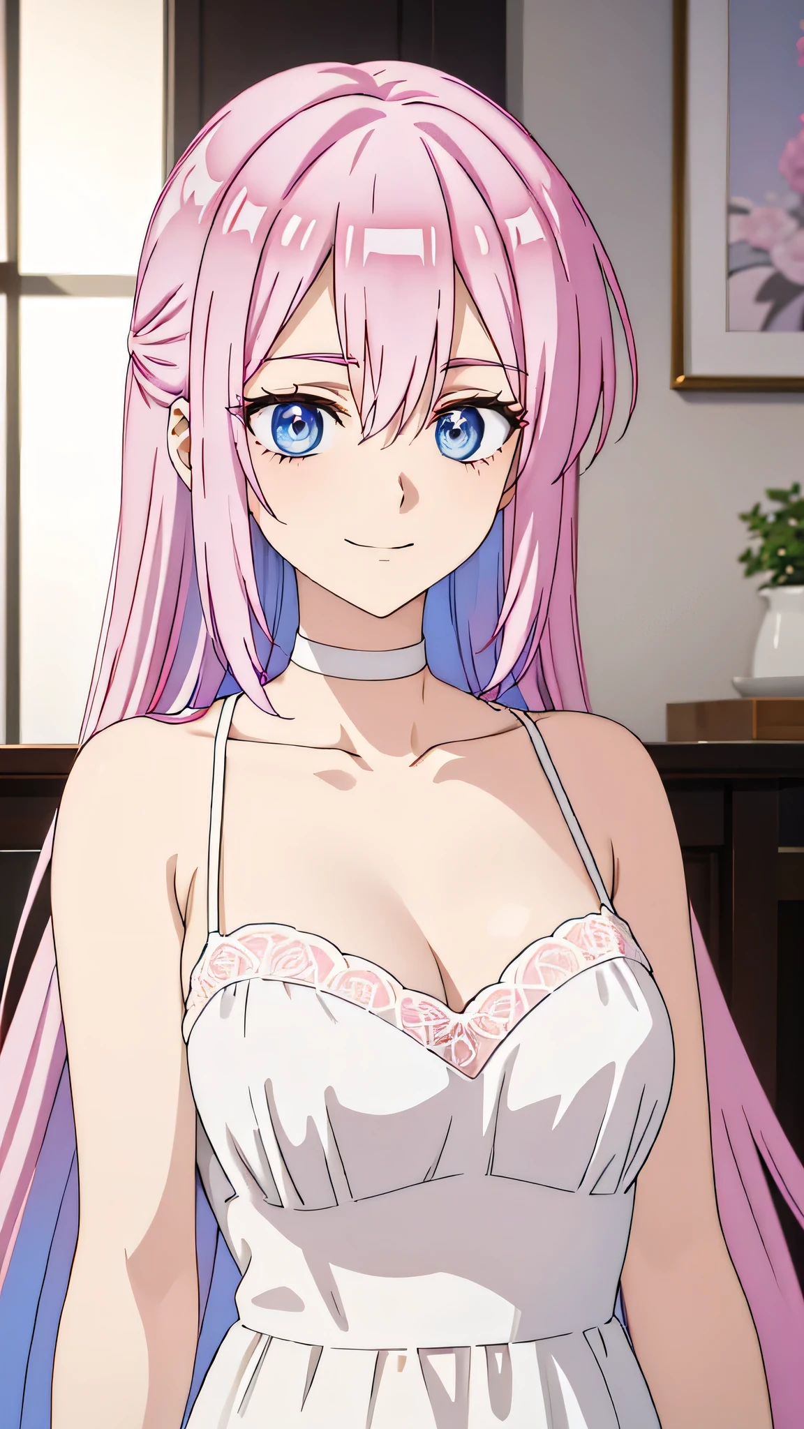 upper body, anime girl with long pink hair and blue eyes ,, crazy seductive smile, directed gaze, high - angle, very very very beautiful, ultra detail, hight quality, best quality, Wearing Black negligee, choker, bloomer), 