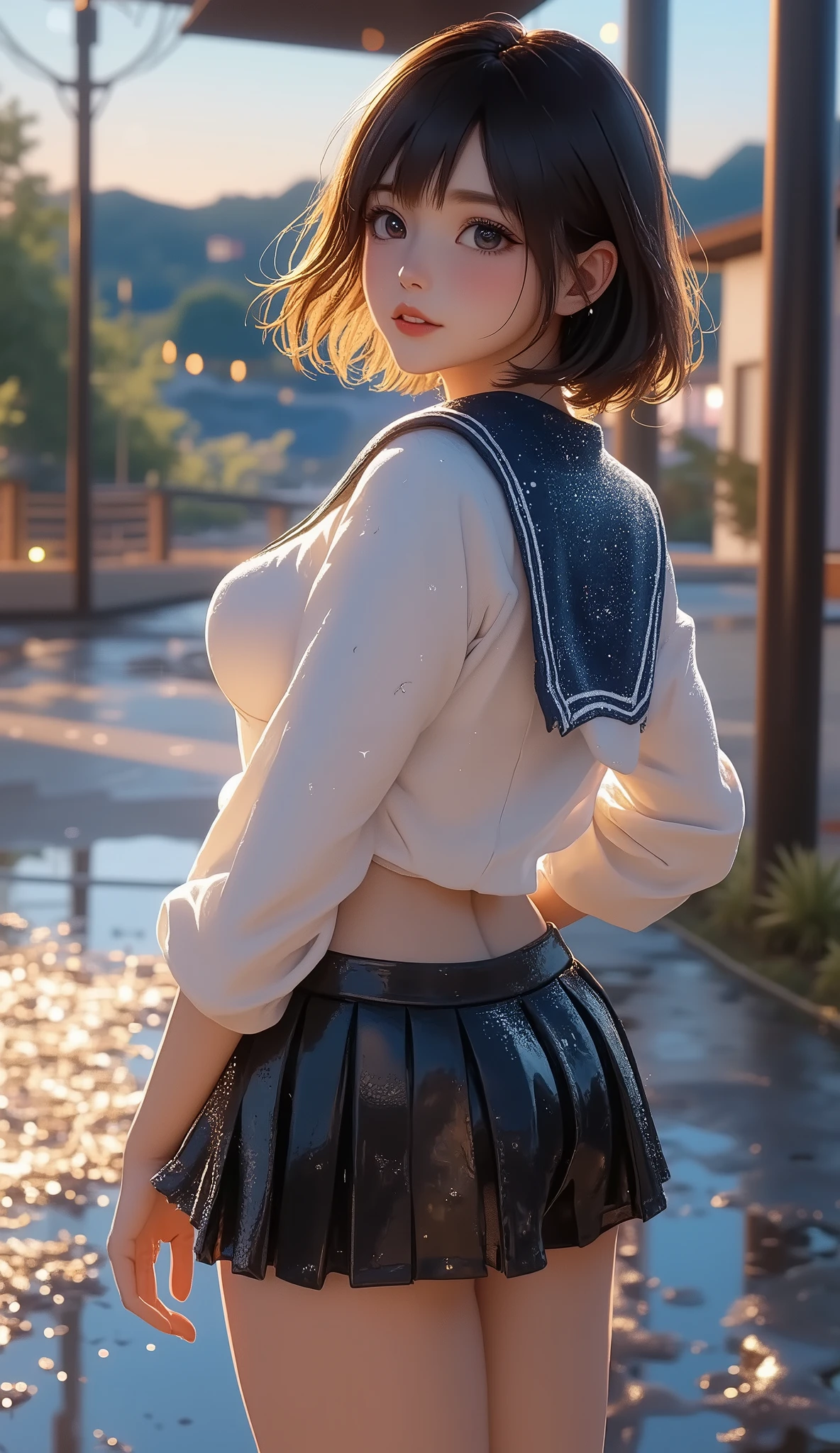 NSFW, TOP QUALITY , HD, 16k, unbelievably ridiculous , very well detailed, 2.5D, Delicate and Dynamic , beautiful woman, attractive smile , busty high school girl , uniform、 sailor suit、、 , backpack, , glitter effect, ((It's raining:1.3))、((My clothes get wet in the rain、and I can see through my underwear:1.7))、 Waiting for the Bus at the Bus Stop , ((Big puddle、Reflected in a puddle:1.8)