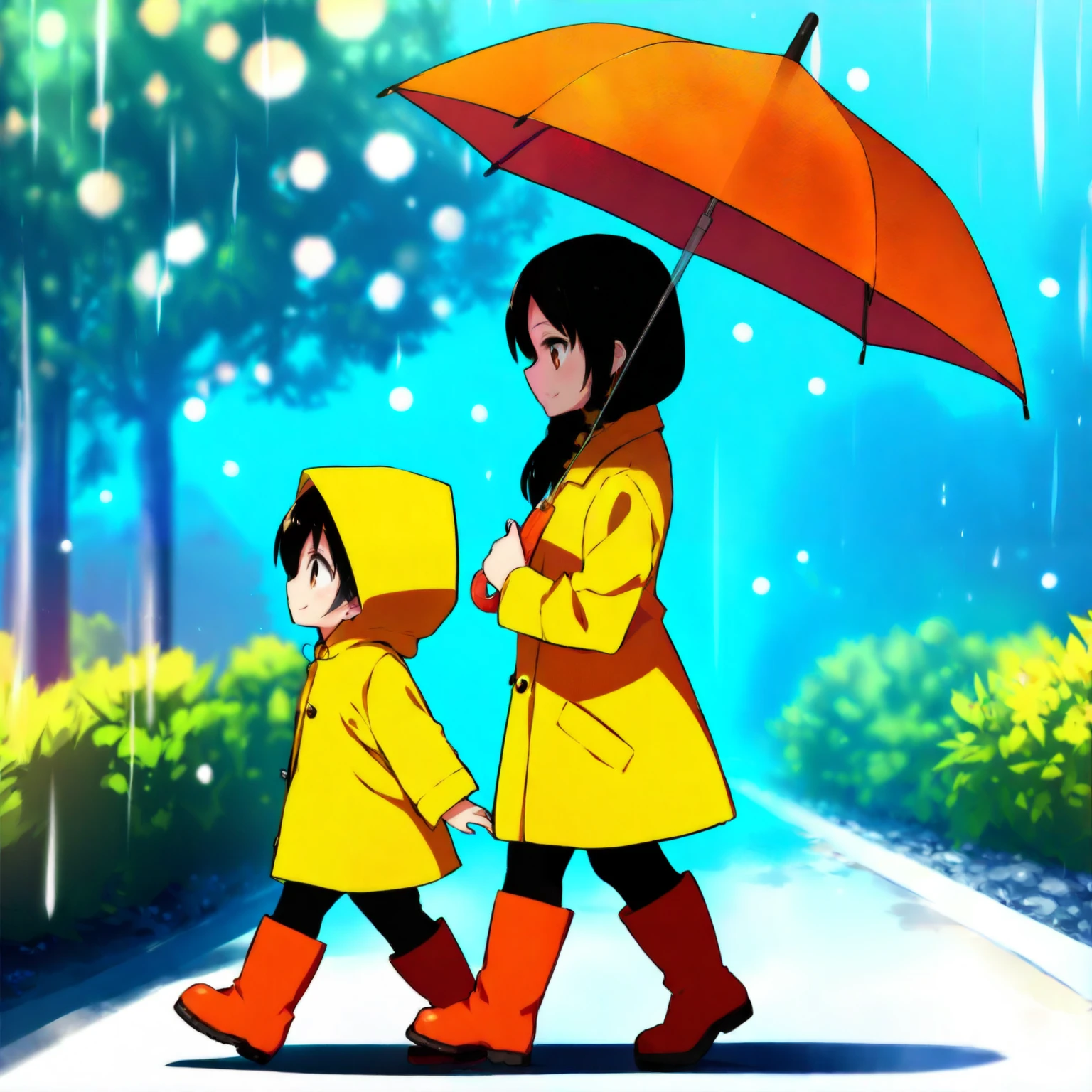 (best quality,8k,highres, masterpiece:1.2), (anime style),ultra-detailed, HDR, UHD, studio lighting, ultra-fine painting, sharp focus, physically-based rendering, extreme detail description, professional, vivid colors, bokeh, portraits, concept artists, warm color palette, dramatic lighting,Rainy day, raincoats and umbrellas, animal-shaped raincoats, a mother and daughter walking together on a tree-lined path, (smiling happily), rubber boots, side view,