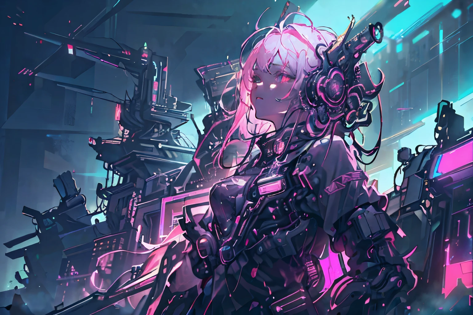 (masterpiece, best quality, best quality, Official Art, beautiful 、Sophisticated:1.2), ( 1girl:1.3), Very detailed,( Fractal Art :1.1),( colorful :1.1),HIGHEST DEFINITION , ( A cityscape glowing with neon lights background :1.3), (shiny skin), (multicolor:1.4), ,( earrins for awoman alone:1.4), ,(White hair)(cyber suit)(look up, )(Singing)(headphone)(Upper Body)(Low-Angle Composition)(Bulky and mechanical gloves)