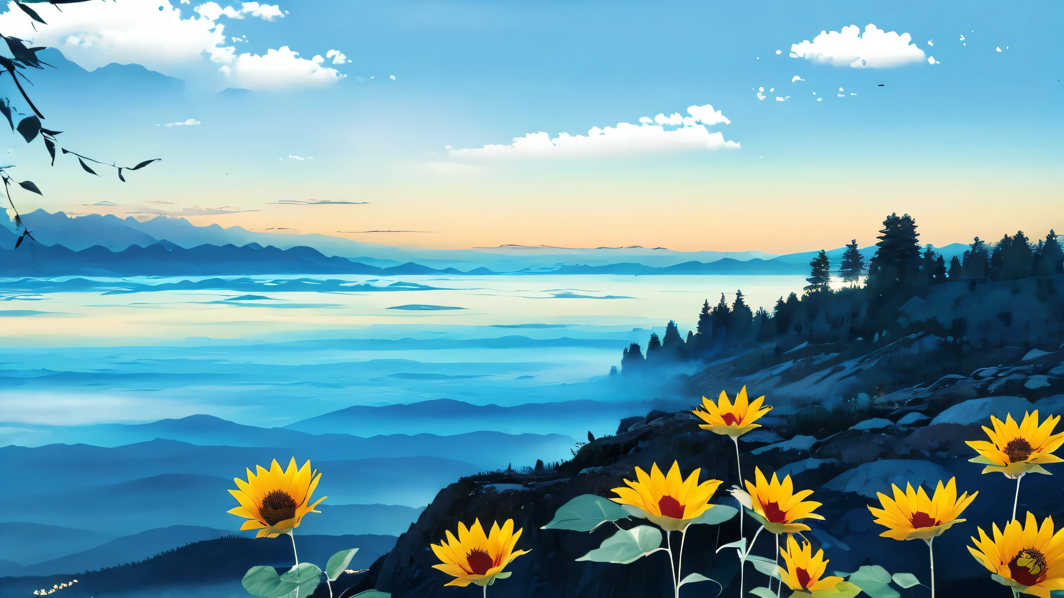 sunflower 、blue sky、summer、Mountain々, tree々, [branch, solo, mist, landscape,