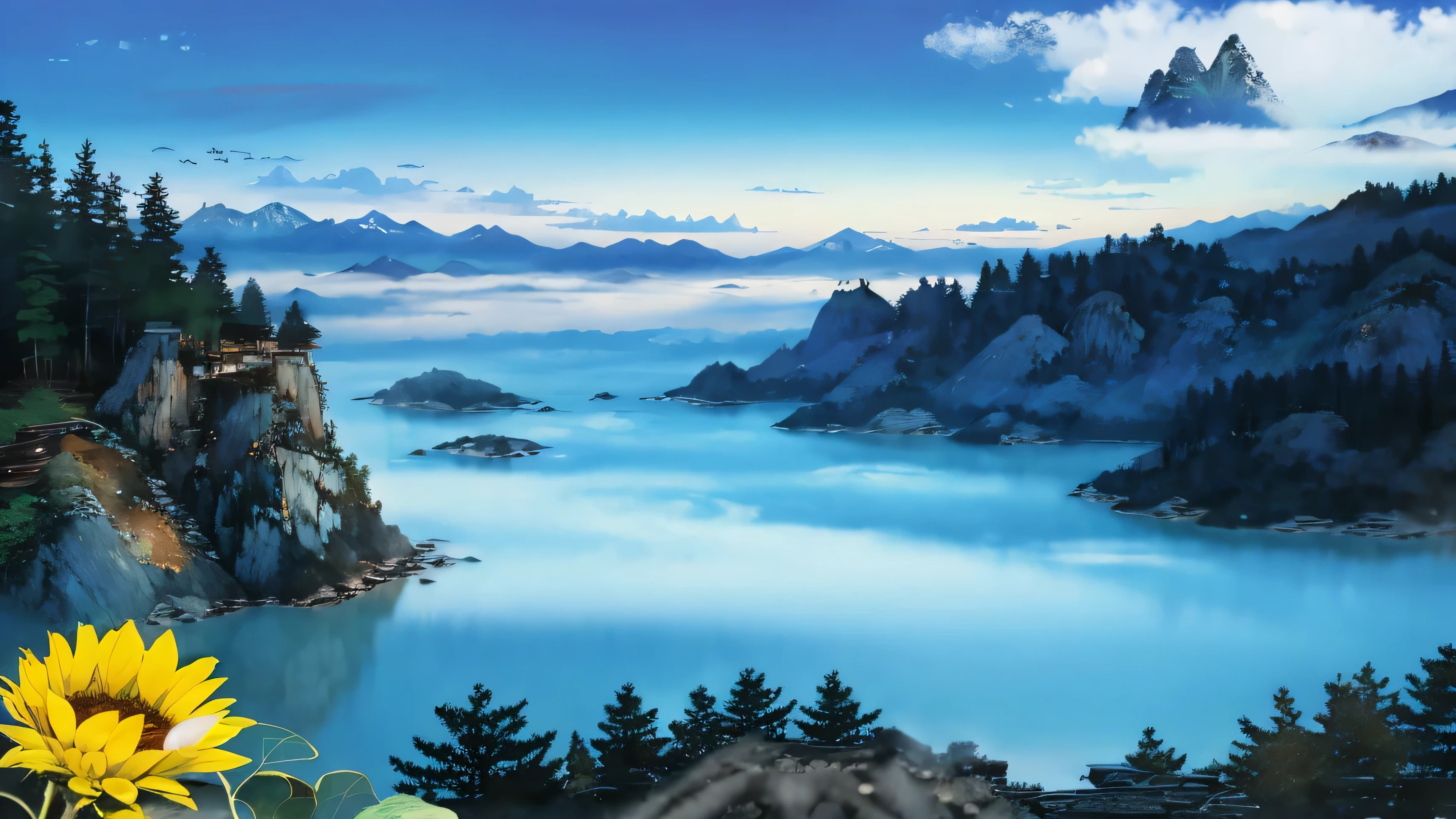 sunflower 、blue sky、summer、Mountain々, tree々, [branch, solo, mist, landscape,