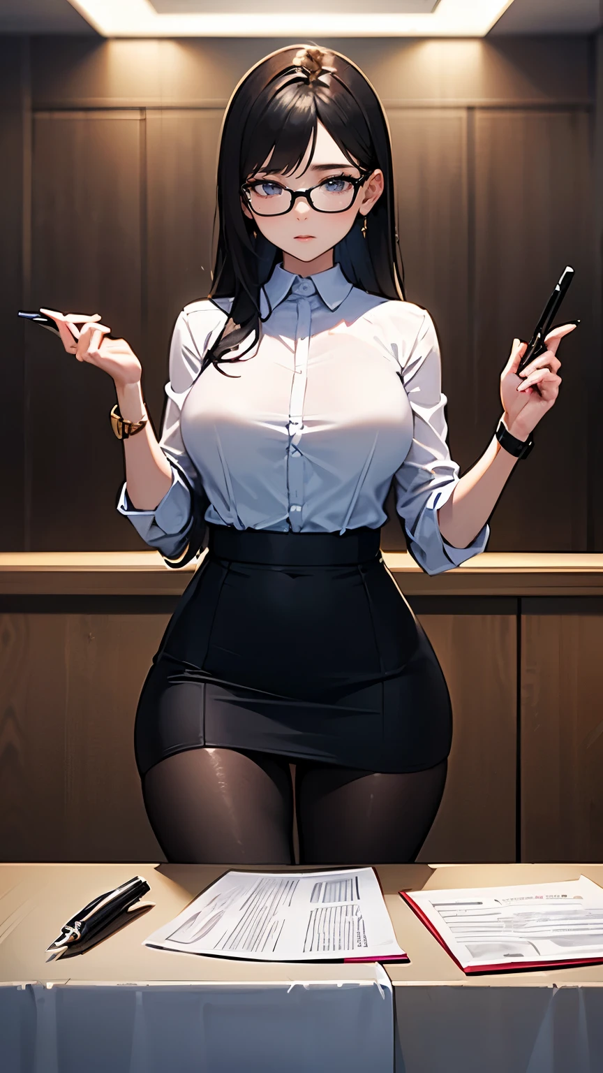 1girl, female, perfect body proportions, perfect face, attractive female, masterpiece, beautiful details, best quality, long black hair, office uniform, Glasses, tight pencil skirt, beautiful thighs, 1 model, large breast, smooth white skin, stocking, full body, view from below, white uniform, view from below, wet and transparent clothes, visible breast, close up on her thighs