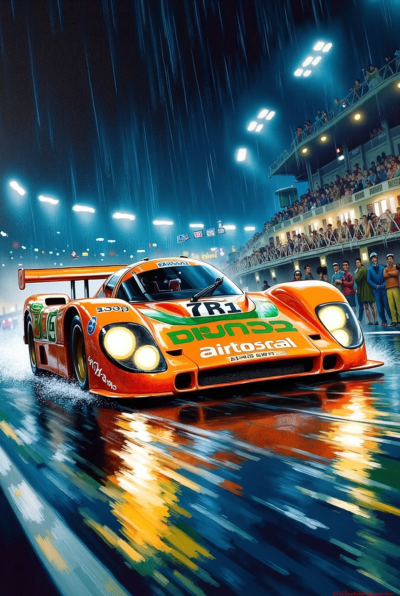 Suzuki Hideto's painting style 、Mazda 787B、night、 headlight on 、Rain Circuit、Heavy Rain、Le Mans 24 Hour Endurance Race、水しぶきを上げて疾走するMazda 787B、