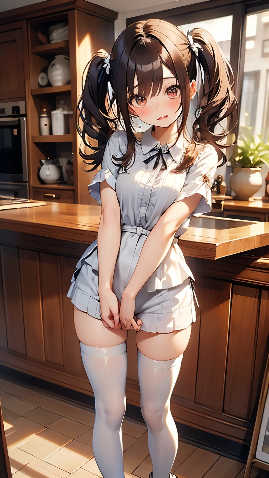 (masterpiece), mature school girl, sexy, floral lace undies, natural light, photorealistic, diffused light, depth of field, white skirt, steam, (lift skirt:1.2), (urination), lifelike, from below
