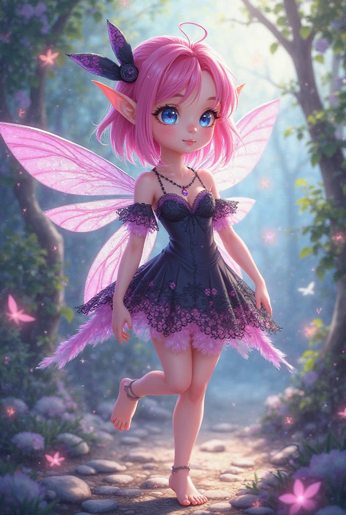 cute little Fairy, blue butterfly, pink hair, pink eyes, dress pointy ears dress made of petals leaves forward leaning posture leaf flower flower crown thin feathers smiling gently