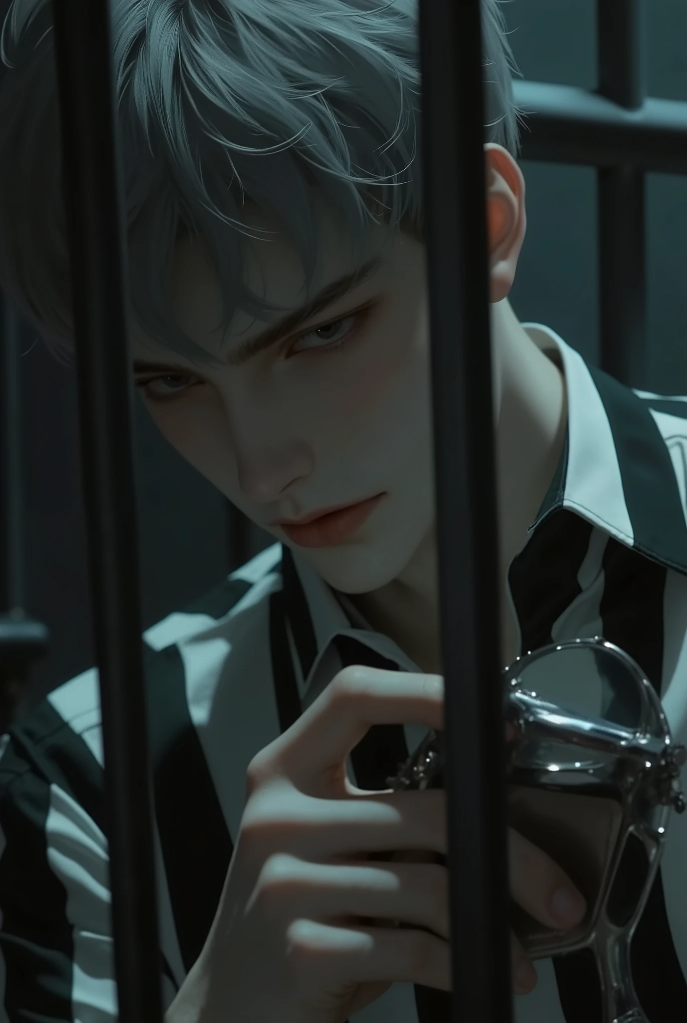 (8k, RAW photos, best quality, masterpiece: 1.4), (((Boy examining himself))),Ultra-high resolution, Extremely detailed, Dim Lights, Upper body close-up, handsome boy, black eyes, (delicate eyes, Eyes are bright:1.2), Gray short hair, Fair skin,dark, Black and white striped prison uniform,Black and white striped prison pants,(perfect anatomy:1.2), High-quality shadows, Natural Lighting, (White highlights:1.2), night, cloudy day, (Dimly lit cells:1.2), (Metal walls all around:1.2)