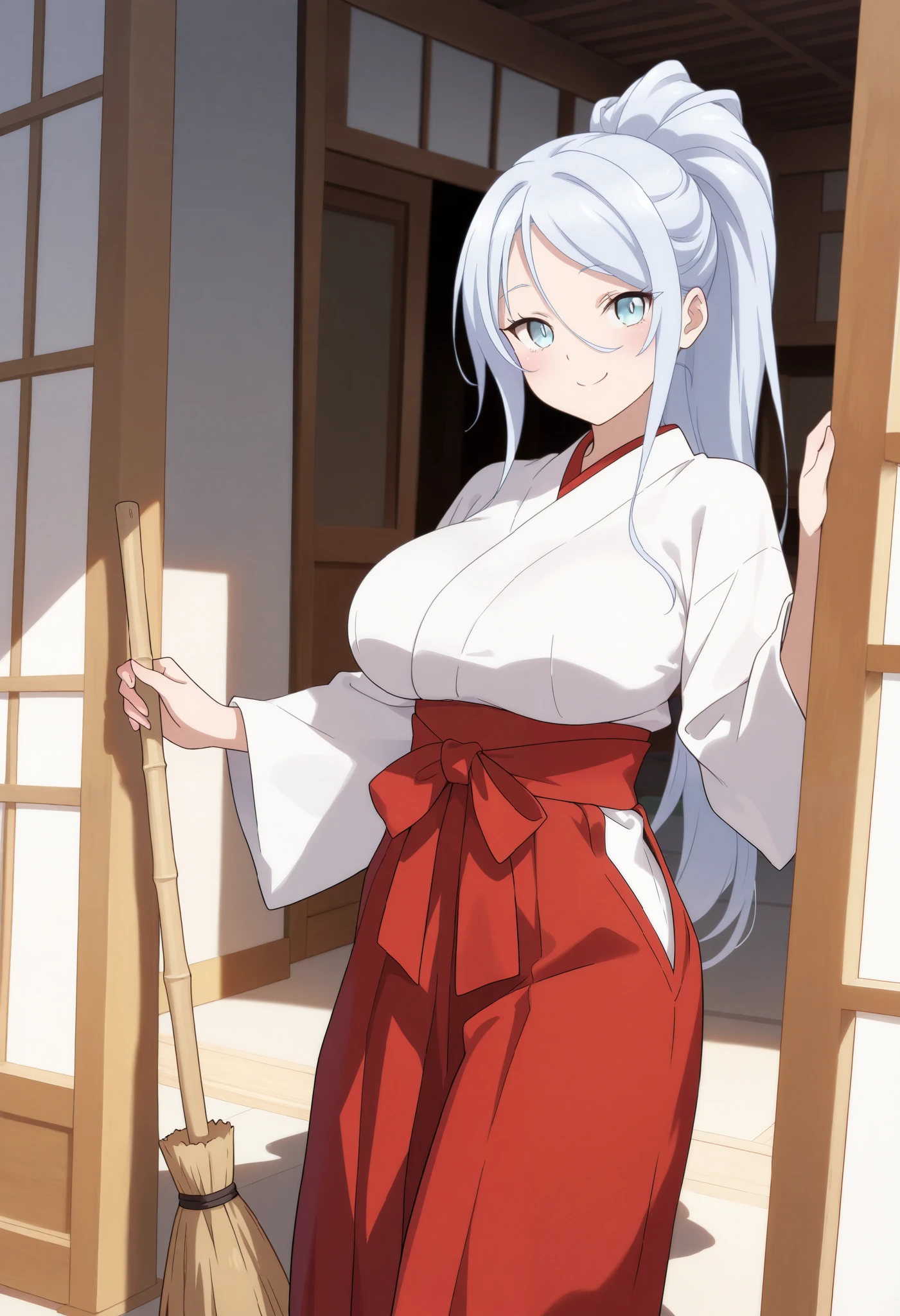 sylpha_langlis, 1girl,solo,, long hair, light blue eyes, large breasts, ponytail,looking at viewer, cowboy shot,bedroom, (masterpiece),(best quality),(ultra-detailed),(best illustration),(best shadow),(absurdres),(detailed background),in miko clothes cleaning the entrance of the Temple, , long hair, ponytail, white robe, (red hakama;1.45), straw broom, Tsurugaoka Hachimangu Temple, cute, kawaii, beautiful, smile posing,