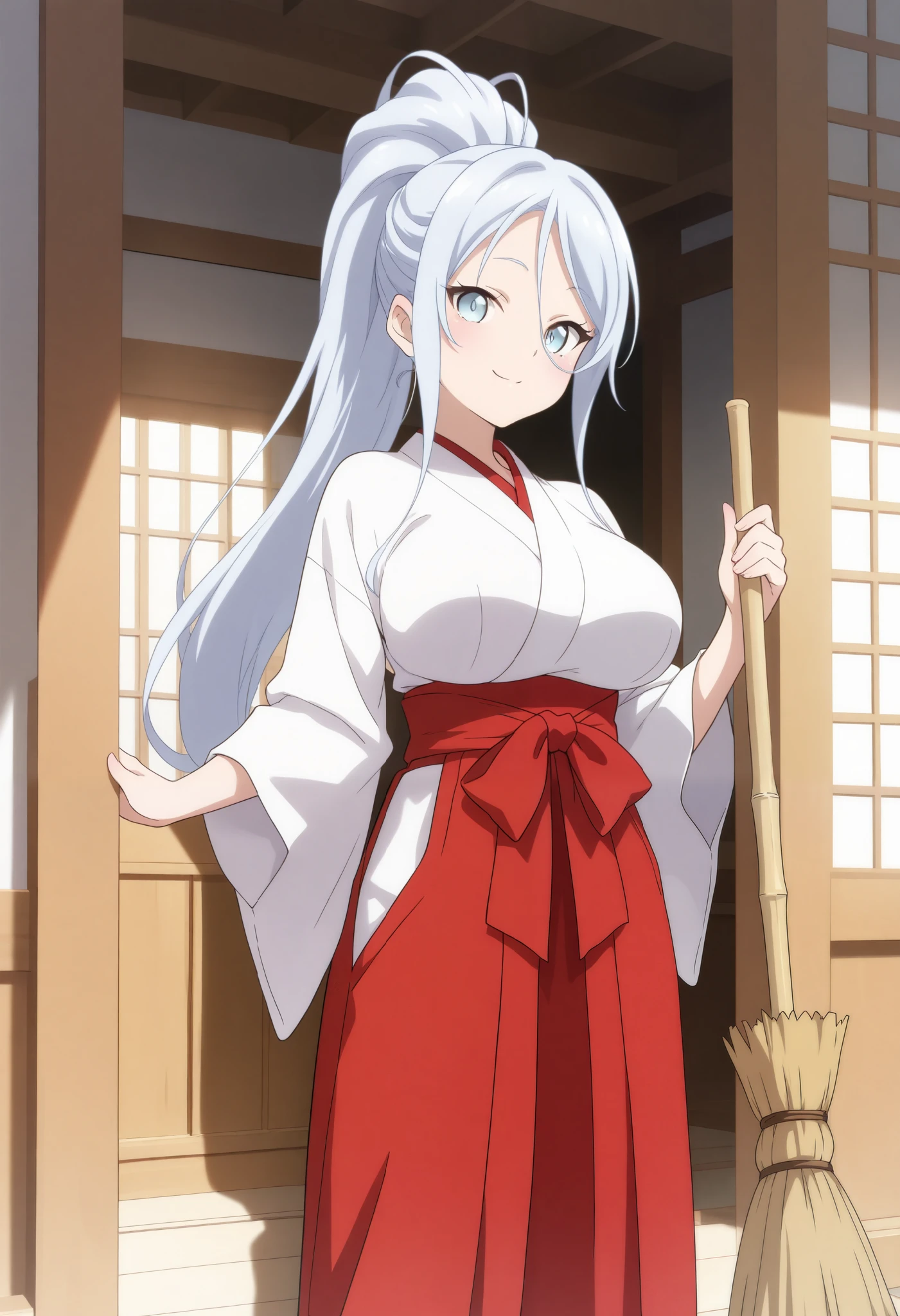 sylpha_langlis, 1girl,solo,, long hair, light blue eyes, large breasts, ponytail,looking at viewer, cowboy shot,bedroom, (masterpiece),(best quality),(ultra-detailed),(best illustration),(best shadow),(absurdres),(detailed background),in miko clothes cleaning the entrance of the Temple, , long hair, ponytail, white robe, (red hakama;1.45), straw broom, Tsurugaoka Hachimangu Temple, cute, kawaii, beautiful, smile posing,