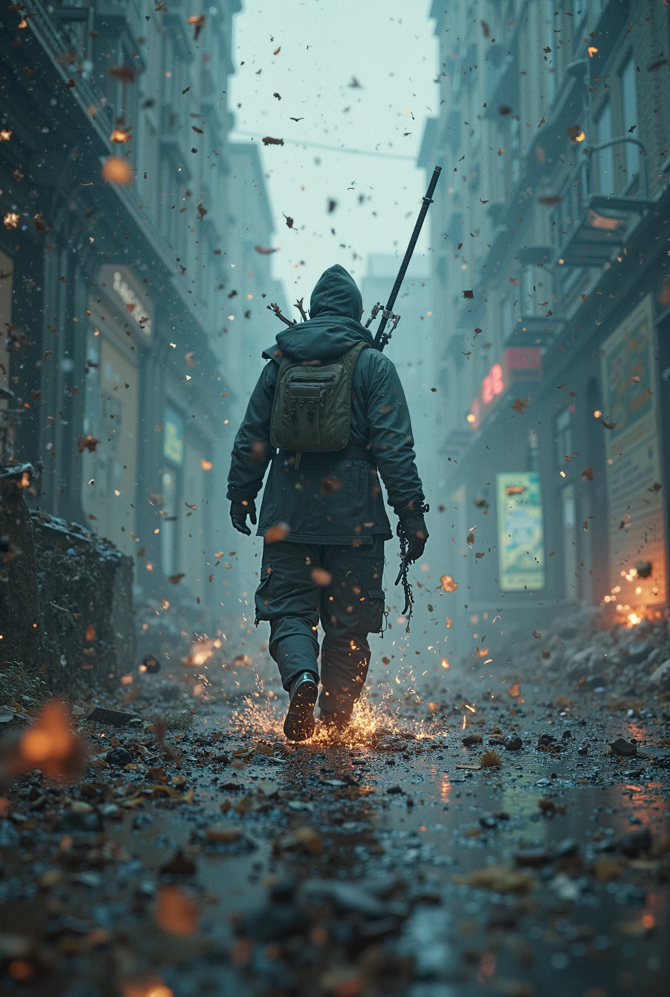 There is a man walking down a street with a rifle - SeaArt AI