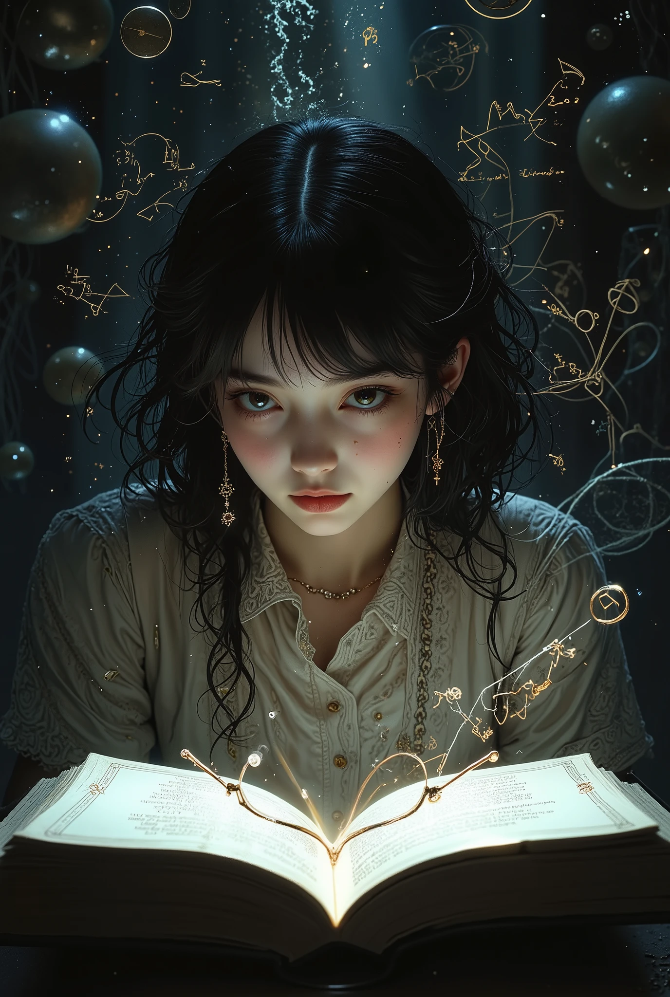 Young woman,Floats on a book,Mathematical Formulas,one pair of glasses,HD lighting and darkness )(Epic image quality)dark atmosphere with bright light particles(Lots of effects in the background,Background formula.emptiness,black hole,score_9,score_8_up,score_7_up,Shine,Clear drawing of details,Maxim of Details,Dark Concept,Thinks,Dreams,masterpiece,Dressed in Light Cute Clothes,Attractive,ultra detail,a mystic,Image of the Goddess of Thought