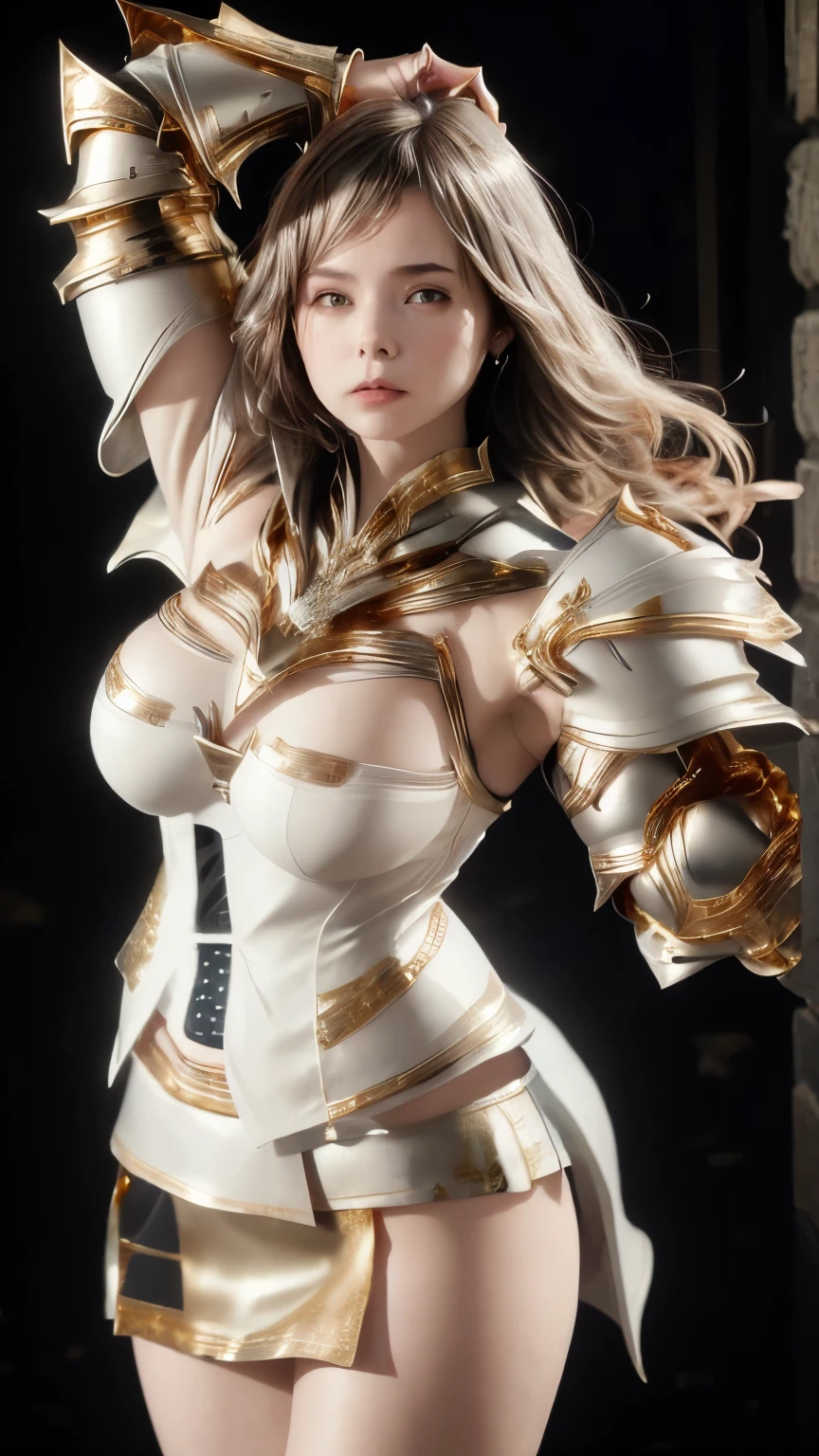 In the martial arts arena of the Colosseum in Greece、Martial Arts Tournaments、Saint Seiya、Beautiful One Girl、huge-breasted、cleavage of the breast、beauty legs、(((He wears a glittering futuristic combat armor in metallic red)))、Shining silver chains are connected from all sides、Unbelievable number of glittering chains、Armed with chains、((Scream))、((exclamation))、((fighting poses))、8k, top-quality, (pubic hair beauty)、hight resolution, 逼真, realperson,