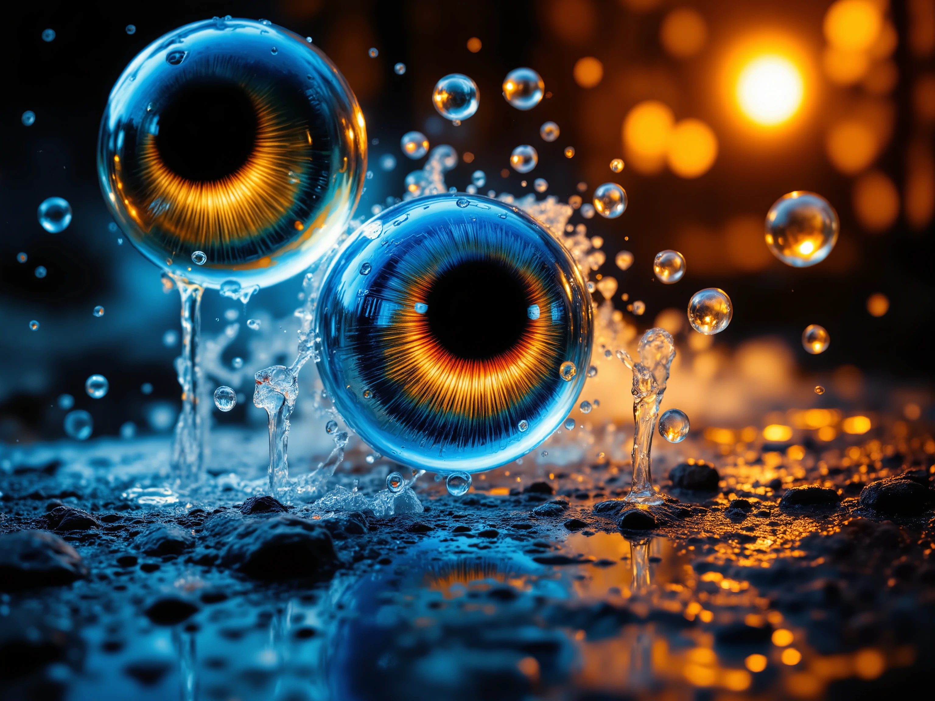 Bizarre, hyper-realistic objects, reminiscent of Meret Oppenheim's uncanny still-life compositions, and Jerry N. Uelsmann's innovative, layered photomontages, blend seamlessly with David Keochkerian's ethereal, dreamlike quality, as slow shutter speed captures the mesmerizing dance of raindrops in mid-air, frozen in sharp focus, with an Impressionist's attention to fleeting light and color, infused with the absurd, illogical logic of Surrealism, from a ground-level, worm's-eye perspective, bathing the scene in an autumnal, golden glow, with radiant, contrasting colors that seem to emanate an otherworldly light, as if illuminating the very atmosphere, creating a sense of breathtaking, sublime beauty, a true masterpiece of surreal, photographic art.