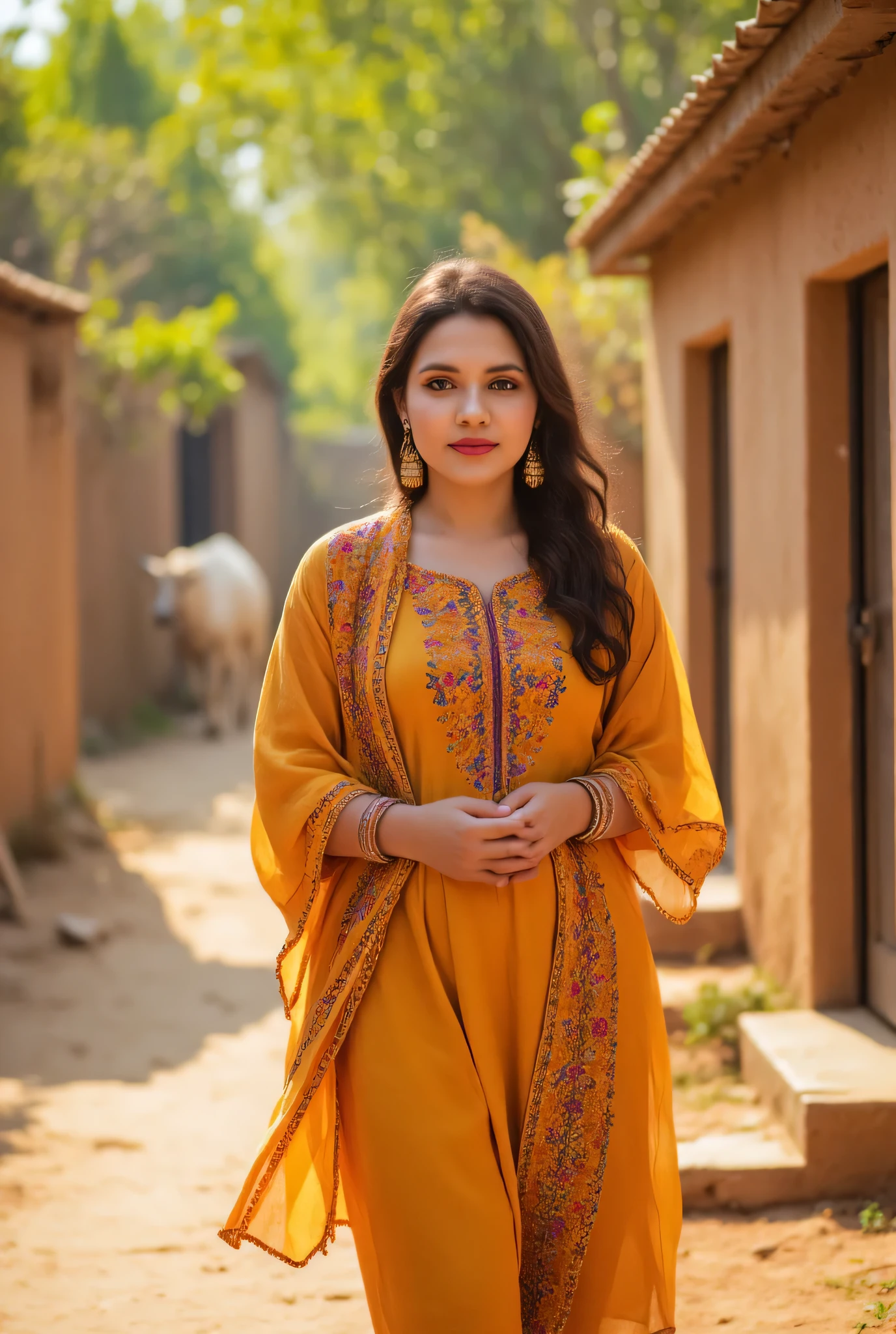 24 year girl in Indian village not modern village rural vibe wearing punjabi patiyala kurta set ae