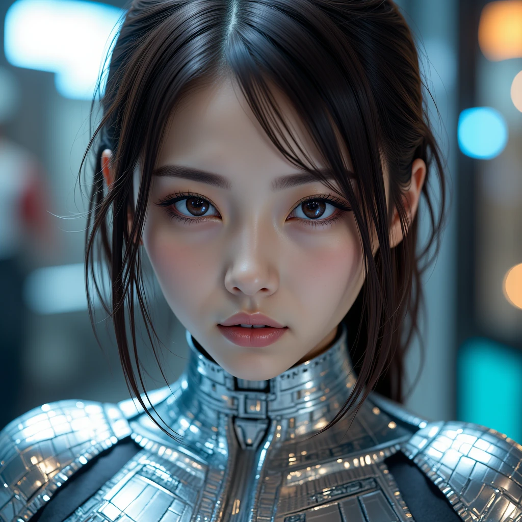 photo-realistic, ultra-realistic, very beautiful Japanese futuristic soldier, famous Japanese idol, dramatic scene, masterpiece, beautiful eyes, wearing a roller skate shoes, standing on the dangerous edge of the top of the tallest tower at night, (cyber punk glossy intricated mecha armor suits with brilliant LED markers), acrobatic pose, dynamic angle, (face focus),
