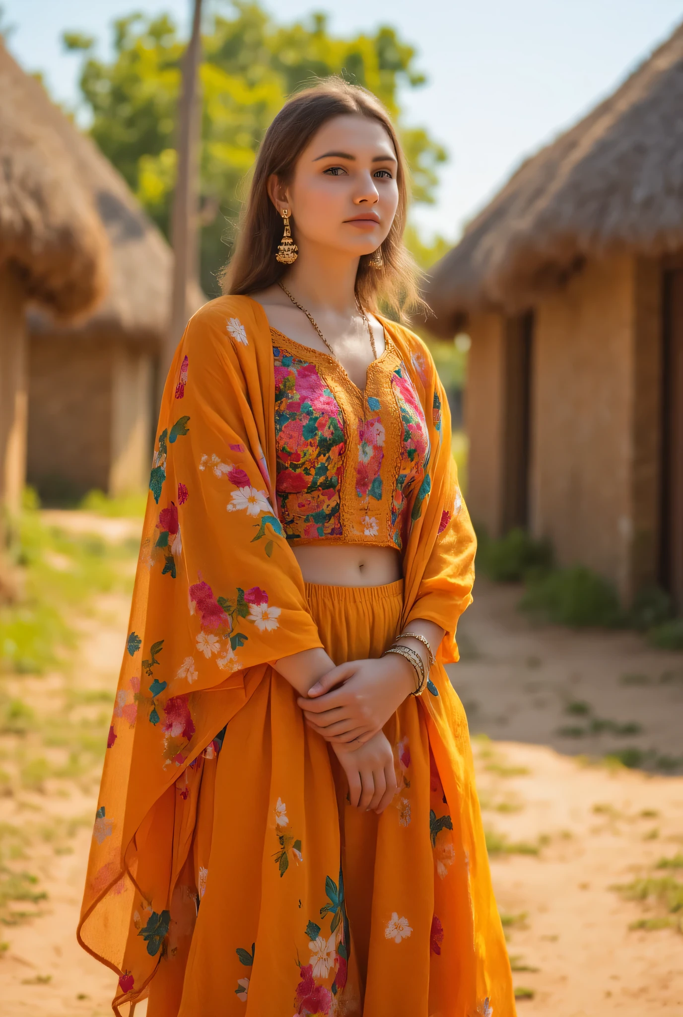 24 year girl in Indian village not modern village rural vibe wearing punjabi patiyala kurta set aa