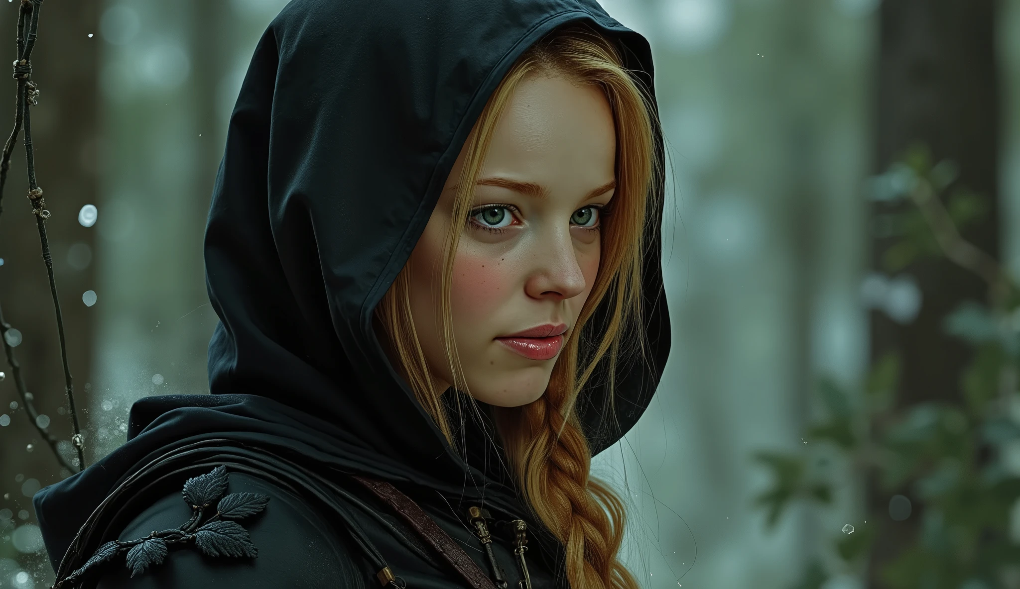 A highly detailed dark fantasy illustration of an ethereally beautiful slim and petite elf woman with delicate features that emphasize her shyness inspired by the art of Frank Miller and Conan the Barbarian. Her long, strawberry-blonde hair is tied back in a loose braid, though a few strands fall into her face. Her pale green eyes are soft and downcast, rarely meeting anyone’s gaze for long. She dresses in dark shades, favoring subtlety in both form and function. Despite her reserved nature, there’s an undeniable grace to her movements, hinting at her elven heritage. Her elven ears are long and pronounced, and she has pale, fair skin. She wears supple, black leather armor, designed to be both protective and silent. It’s tailored to her lithe frame, allowing her to move with ease and remain unnoticed when necessary. The armor is adorned with subtle leaf patterns, blending elven artistry with practicality. She wears a hooded, black cloak that helps her blend into the night.