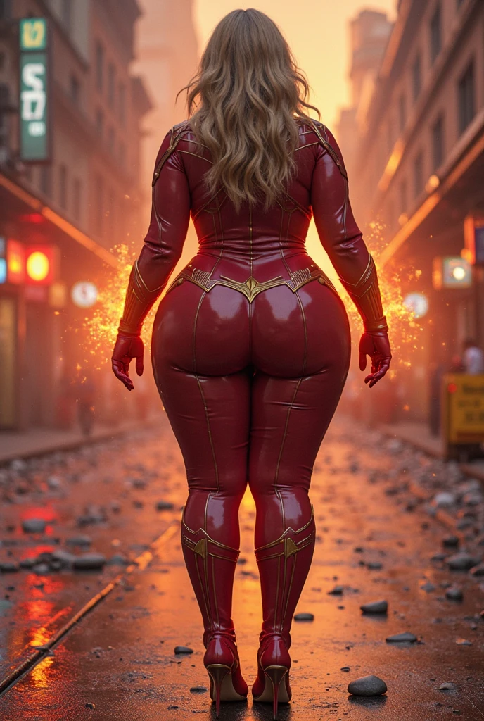 "A towering Giantess in a skintight yellow bodysuit. beautiful woman, beautiful hair, Wild Bright red hair. Pale, freckles. Her toned and athletic build hints at her massive strength. She seems to be casually strolling through the bustling cityscape of GTS City, she towers over buildings, looms overhead. Smoke and clouds roil around her, adding to the sense of epic scale and drama. The lighting is dark, gloomy, and realistic, creating a tense and ominous atmosphere. The perspective is from below, emphasizing the sheer majesty and power of the Giantess."