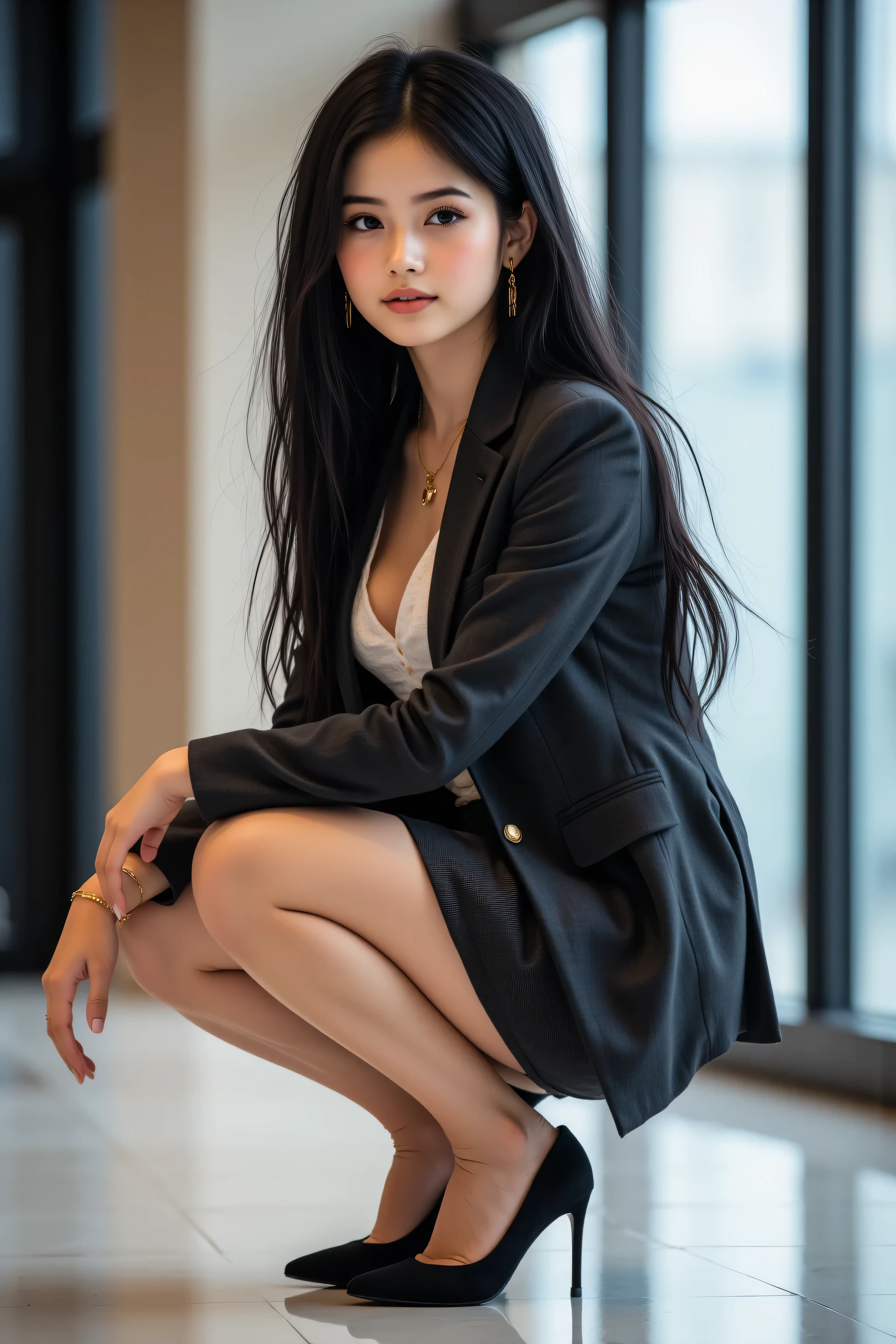 A Japanese Lady、beauitful face、Long Black Hair、Black sunglasses、black suits、、Micro shorts、Red heel、beauty legs、Raw feet、tall、long legged、Clean thighs、model poses、Sit up
