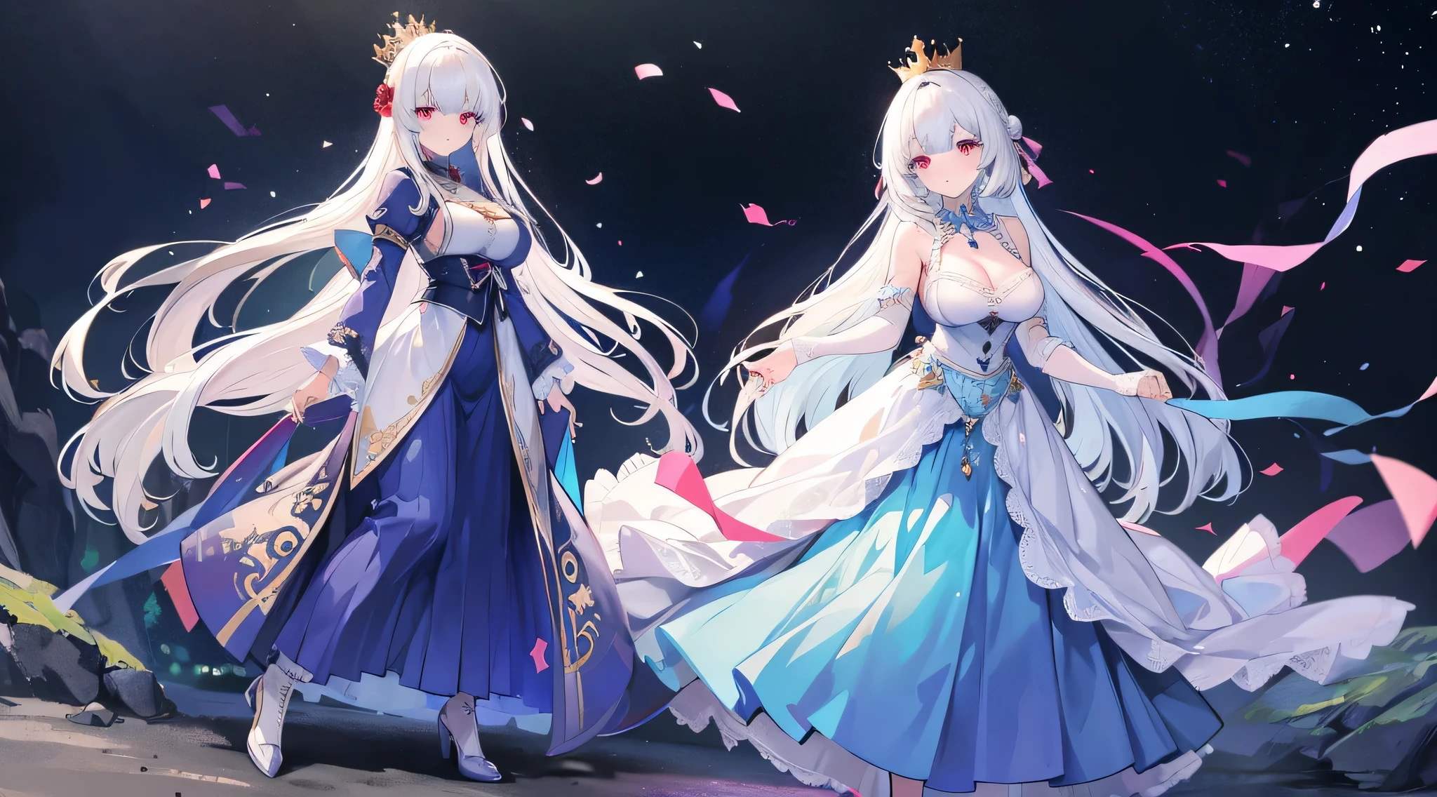 anime artstyle,(((An old mother and a teenage daughter with different hair colors))),((absurdly long Straight hair,Red Eyes)),(((beautiful embroidery and jeweled gorgeous rococo ballgown with voluminous full length crinoline hoop skirt))),(((absurdly gigantic tits,curvy))),deep cleavage,Skindentation,((detailed face and eyes)),extremely gorgeous hair ornament,((extremely gorgeous big tiara)),luxurious jewelry,((beautiful embroidery and jeweled gorgeous rococo ballgown with voluminous full length crinoline hoop skirt)),(((absurdly gigantic tits))),gorgeous palace,((standing pose,Contrasting poses)),((((Arrogant smile))))