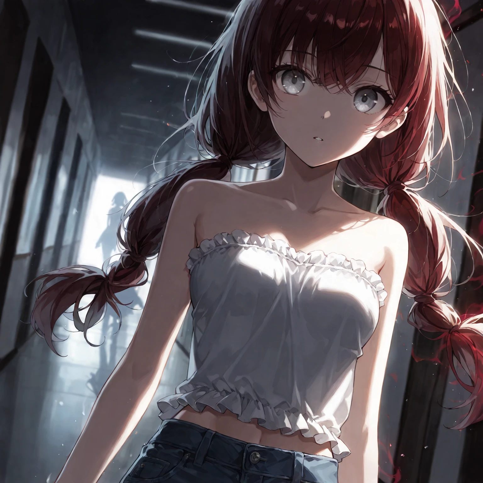 masterpiece, best quality,anime style, 1 girl,(((slender body))), (((small breast))),(((hot pants, white tanktop,red tie))), ((((restrained, arms behind back)))),((((cum)))), (beautiful face), (((medium hair))), (((messy hair))), ((((brown hair)))),detailed beautiful skin, (perfect hands, perfect anatomy)