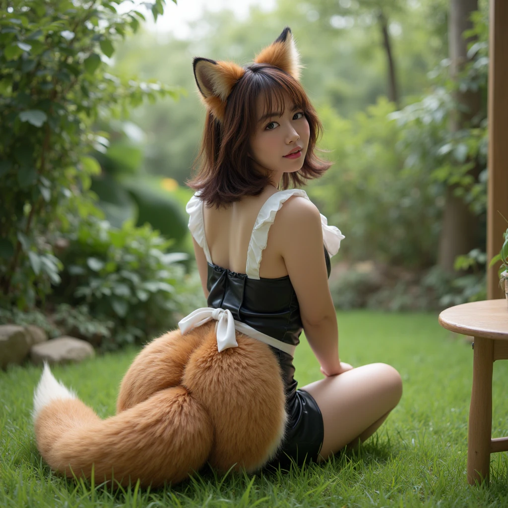 ((highest quality)), ((masterpiece)), (detailed), Perfect Face, A woman with a fox tail, Beautiful woman, public, It has a tail, She has a fluffy tail, She has a tail, She wags her tail, Troubled face,  Lift the tail from the skirt, Buckshot:1.5, Inner skirt tail:1.6, Small breasts